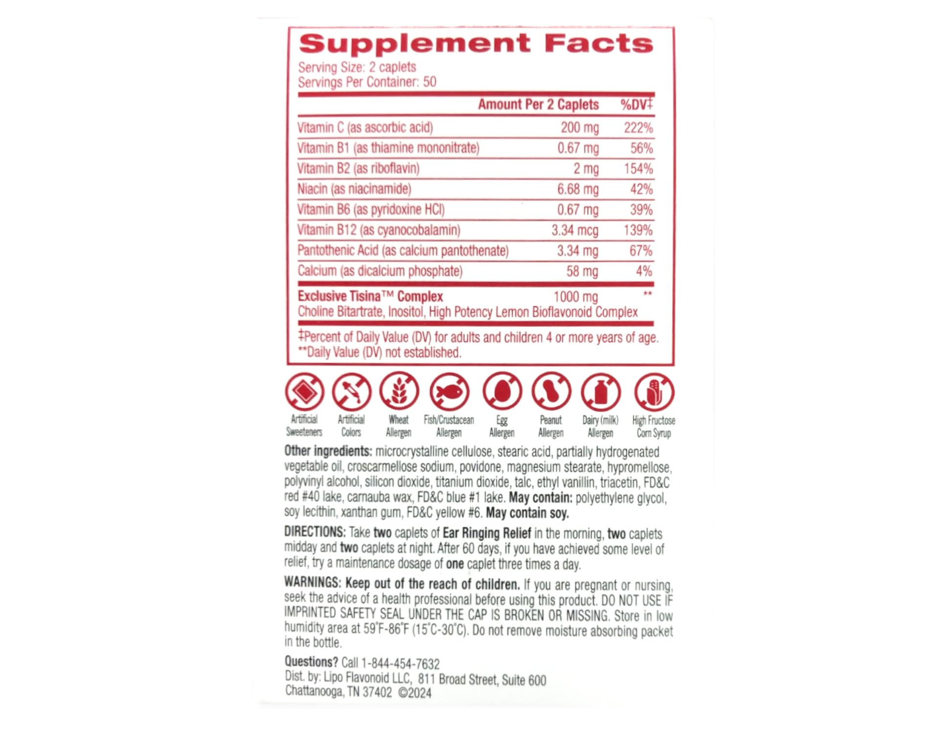 Lipo-Flavonoid Ear Ringing Supplement back view with ingredient list