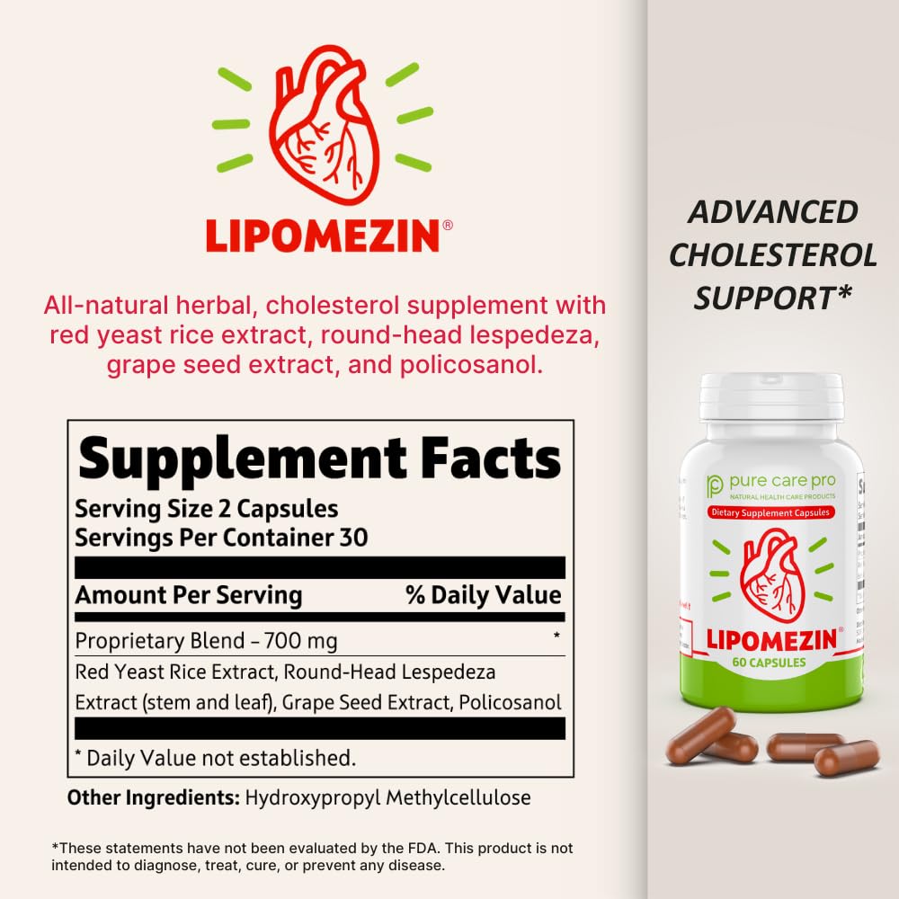 LIPOMEZIN Cholesterol Support Capsules on a wooden table