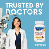 Lipotriad Visionary Eye Care Softgels displayed with a glass of water