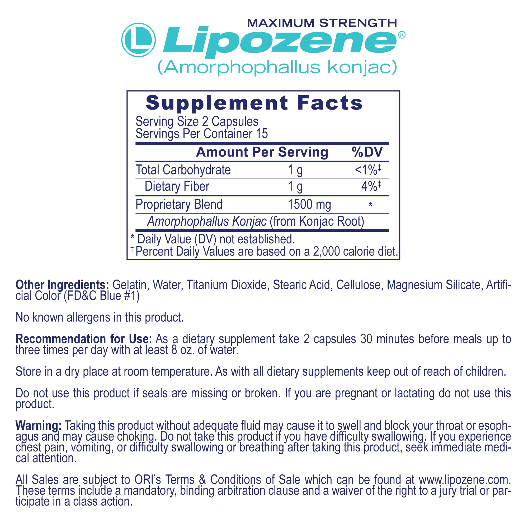 Lipozene capsules showing konjac root ingredient