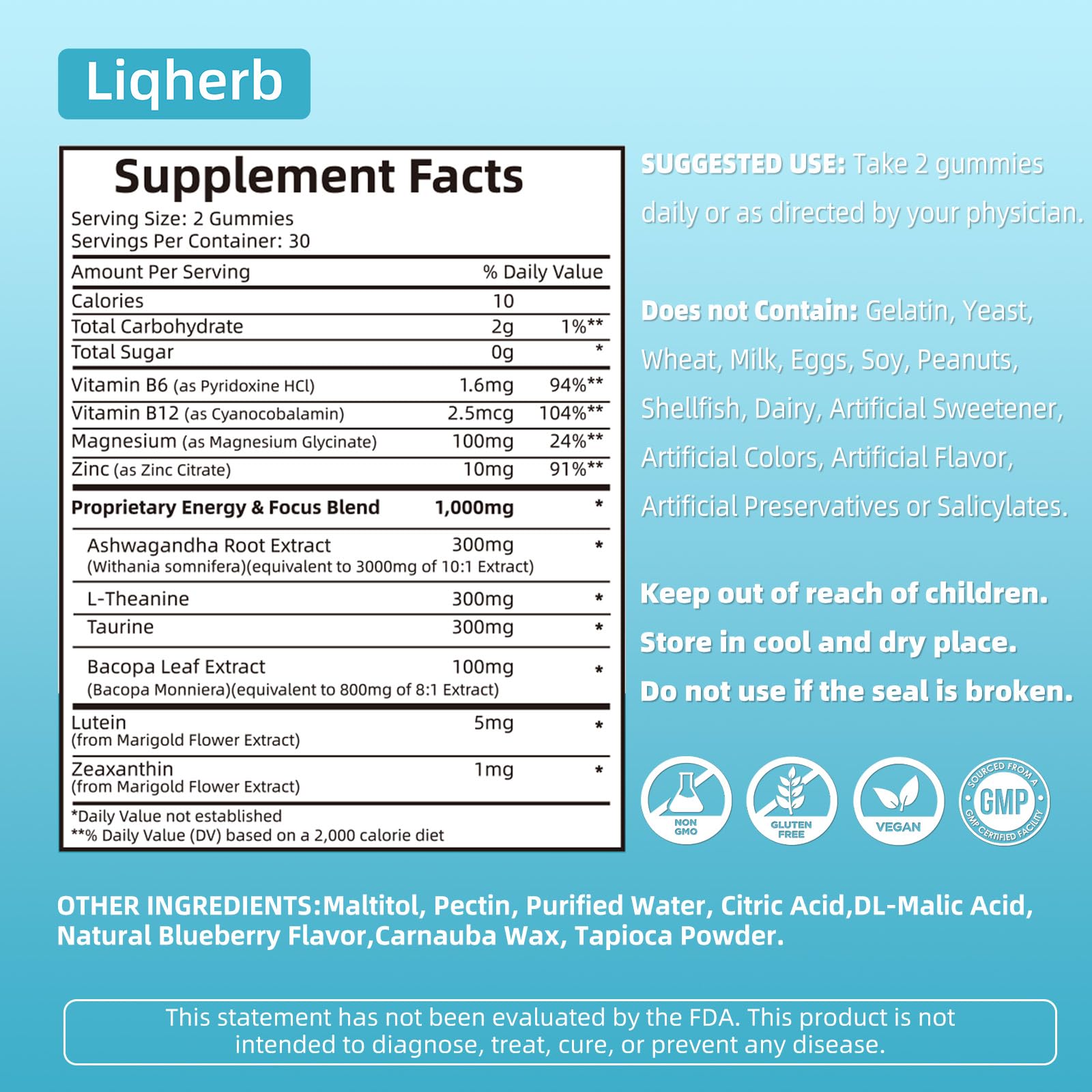 Liqherb Focus & Energy Gummies blueberry flavour close-up
