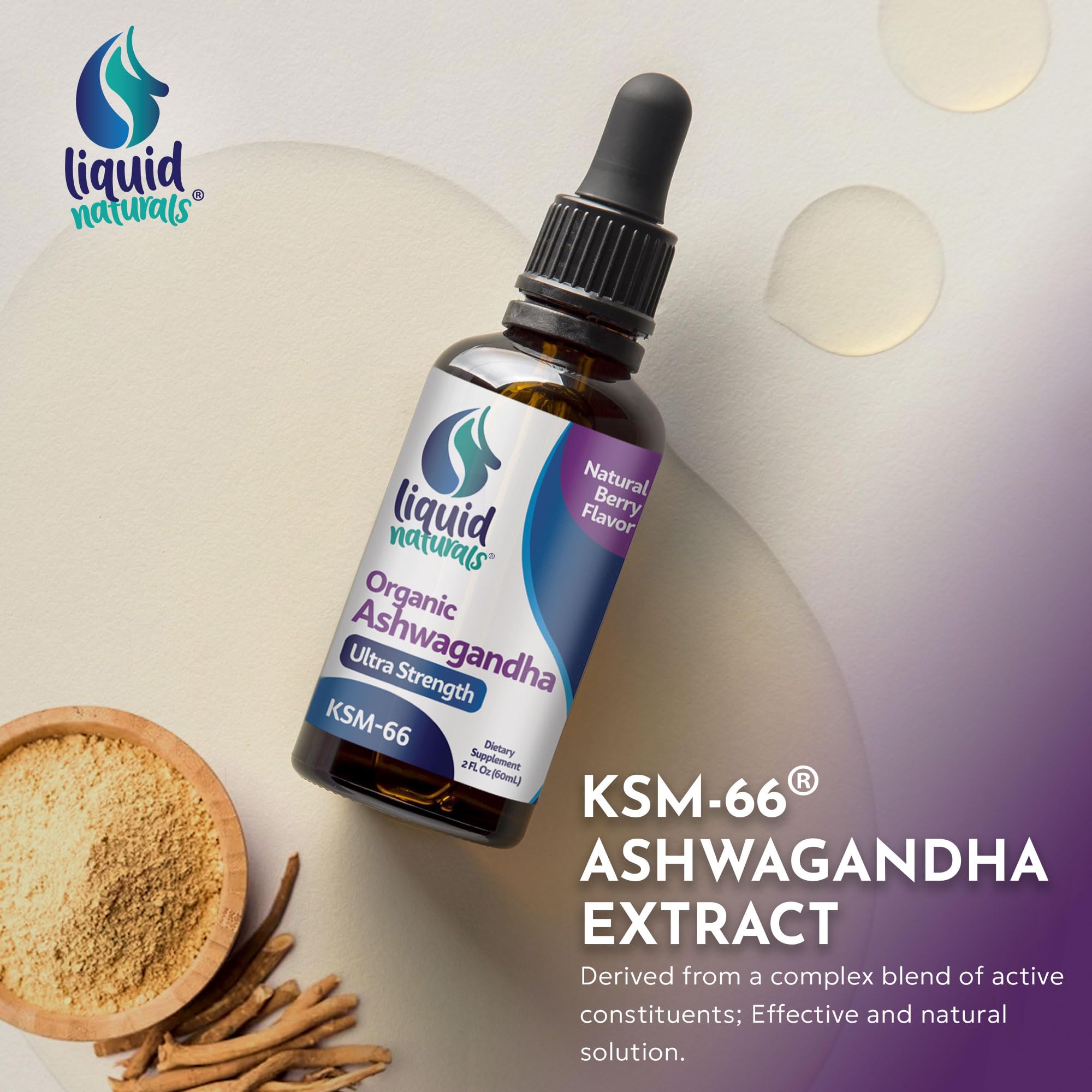 Liquid Naturals Ashwagandha Drops 2000mg on a wooden table