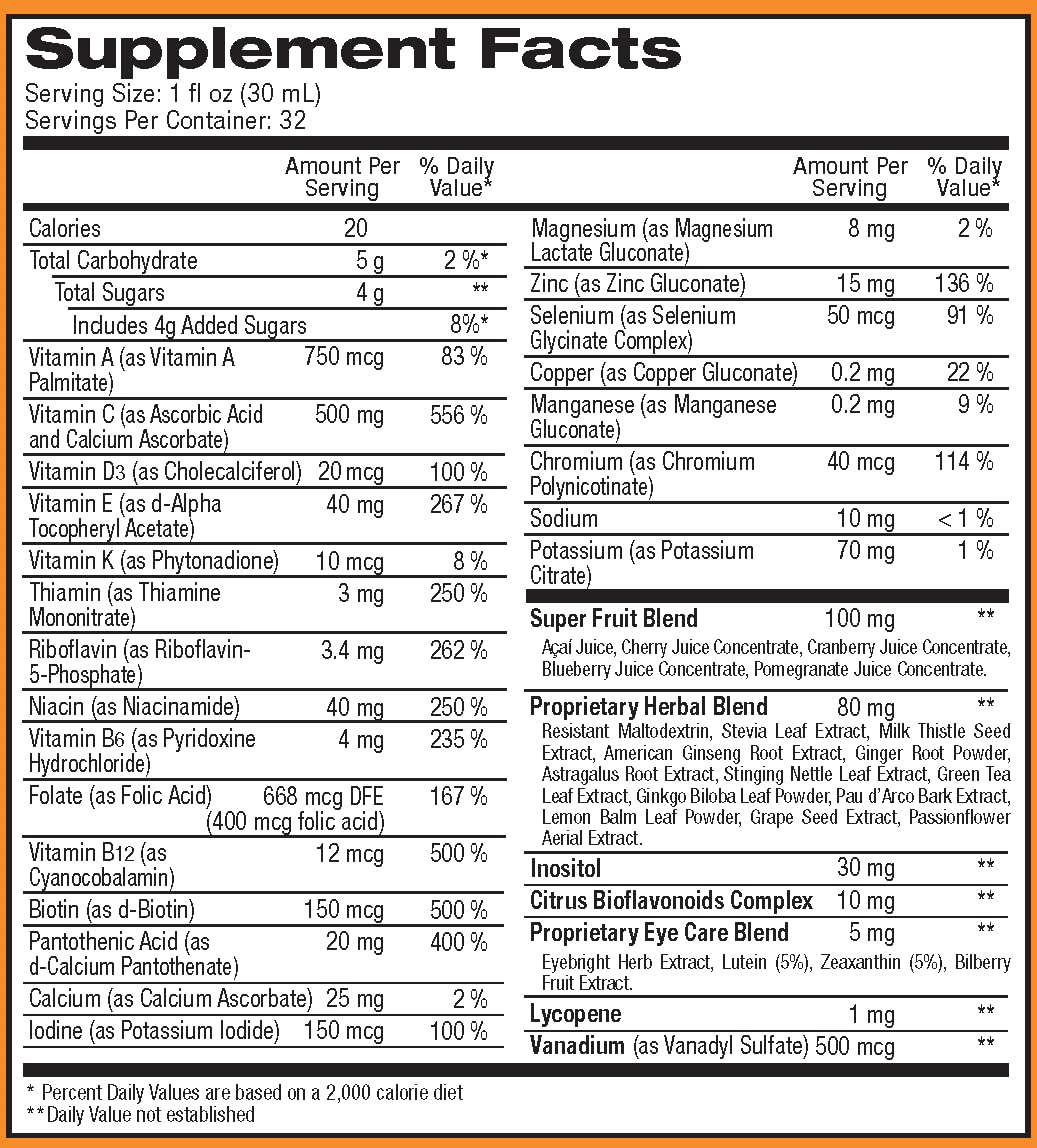 Liquid ReViva Multivitamins packaging and nutritional information