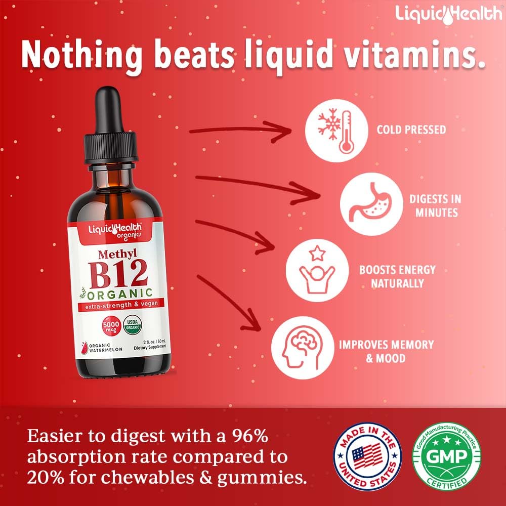 LIQUIDHEALTH Organic Vitamin B12 Drops 5000 mcg bottle with dropper