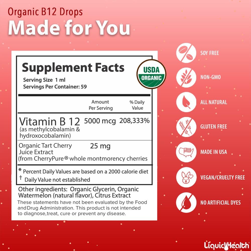 LIQUIDHEALTH Organic Vitamin B12 Drops 5000 mcg with watermelon flavour