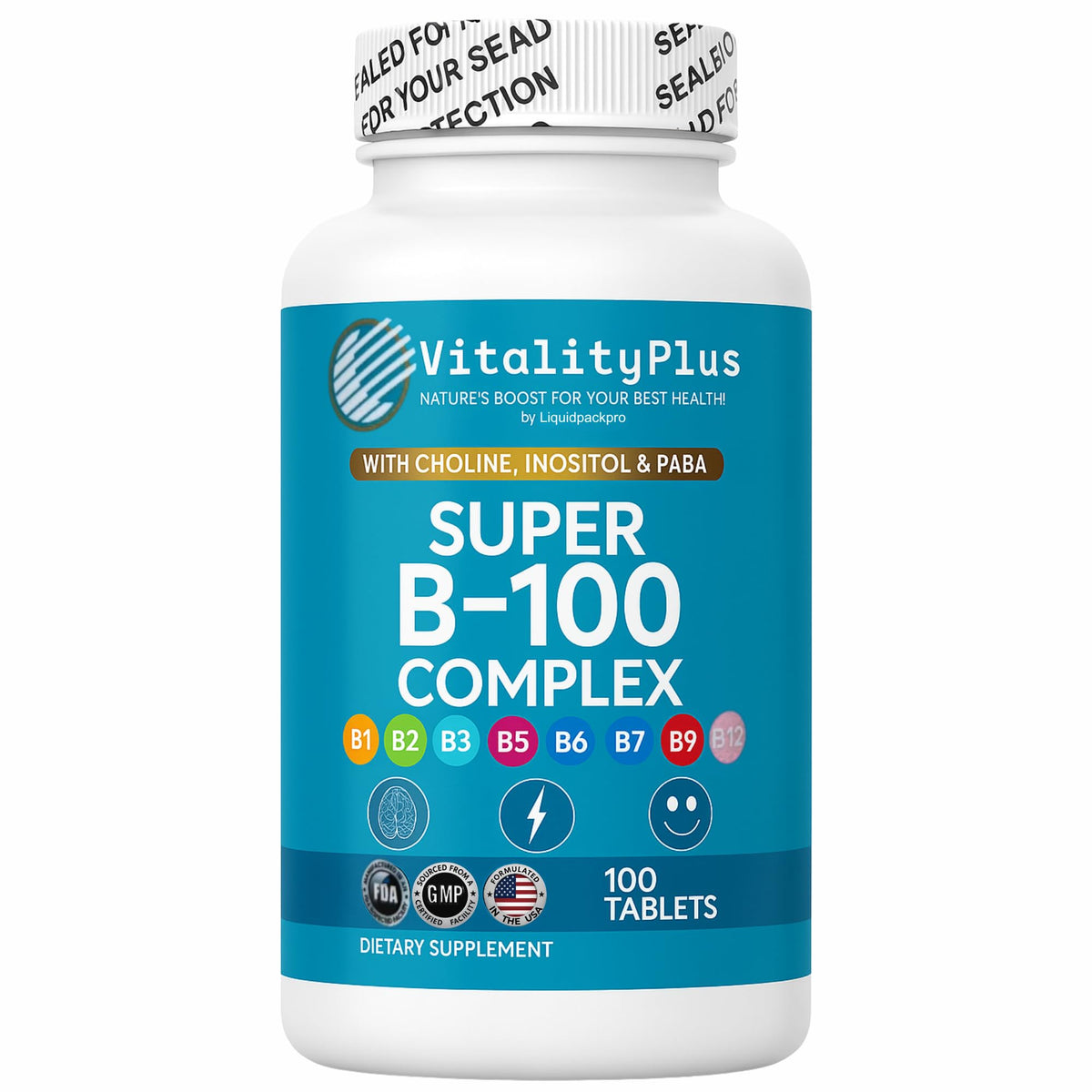 LIQUIDPACKPRO B-Complex Vitamin Supplement 100 Capsules front view