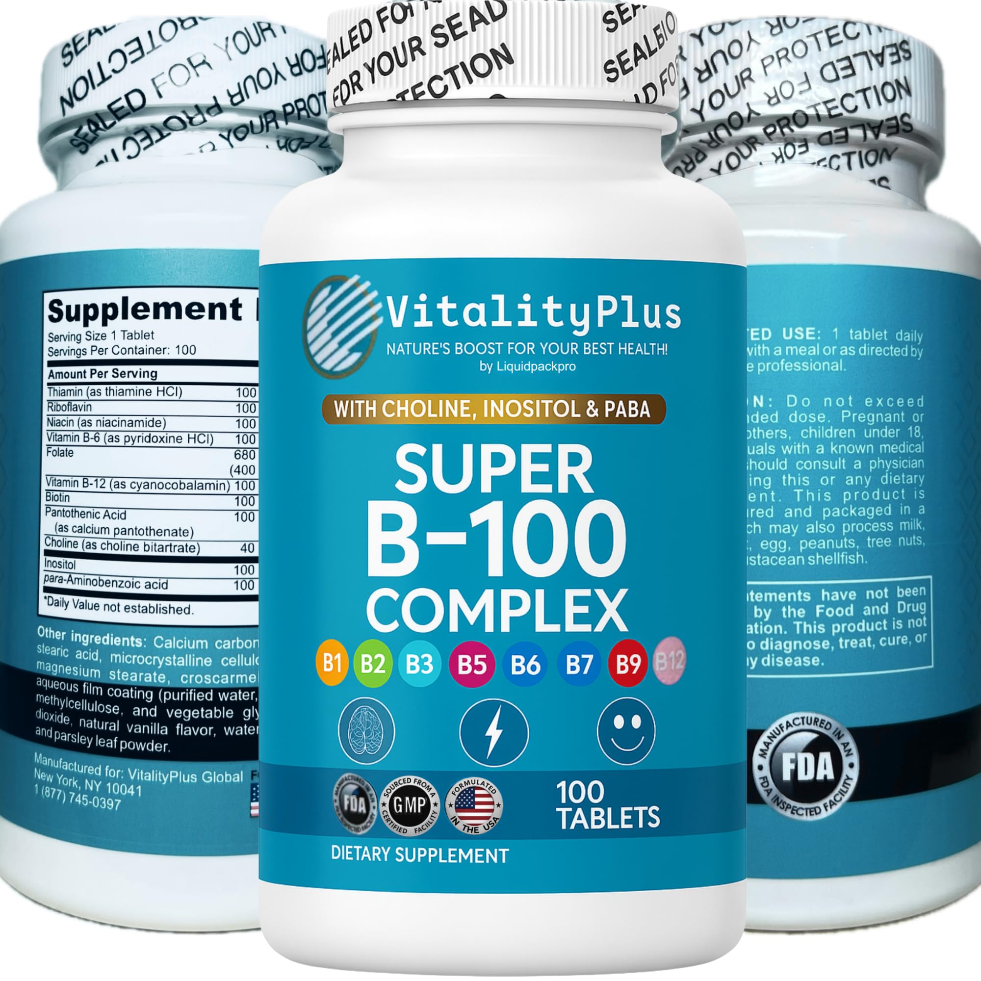 LIQUIDPACKPRO B-Complex Vitamin Supplement 100 Capsules in hand