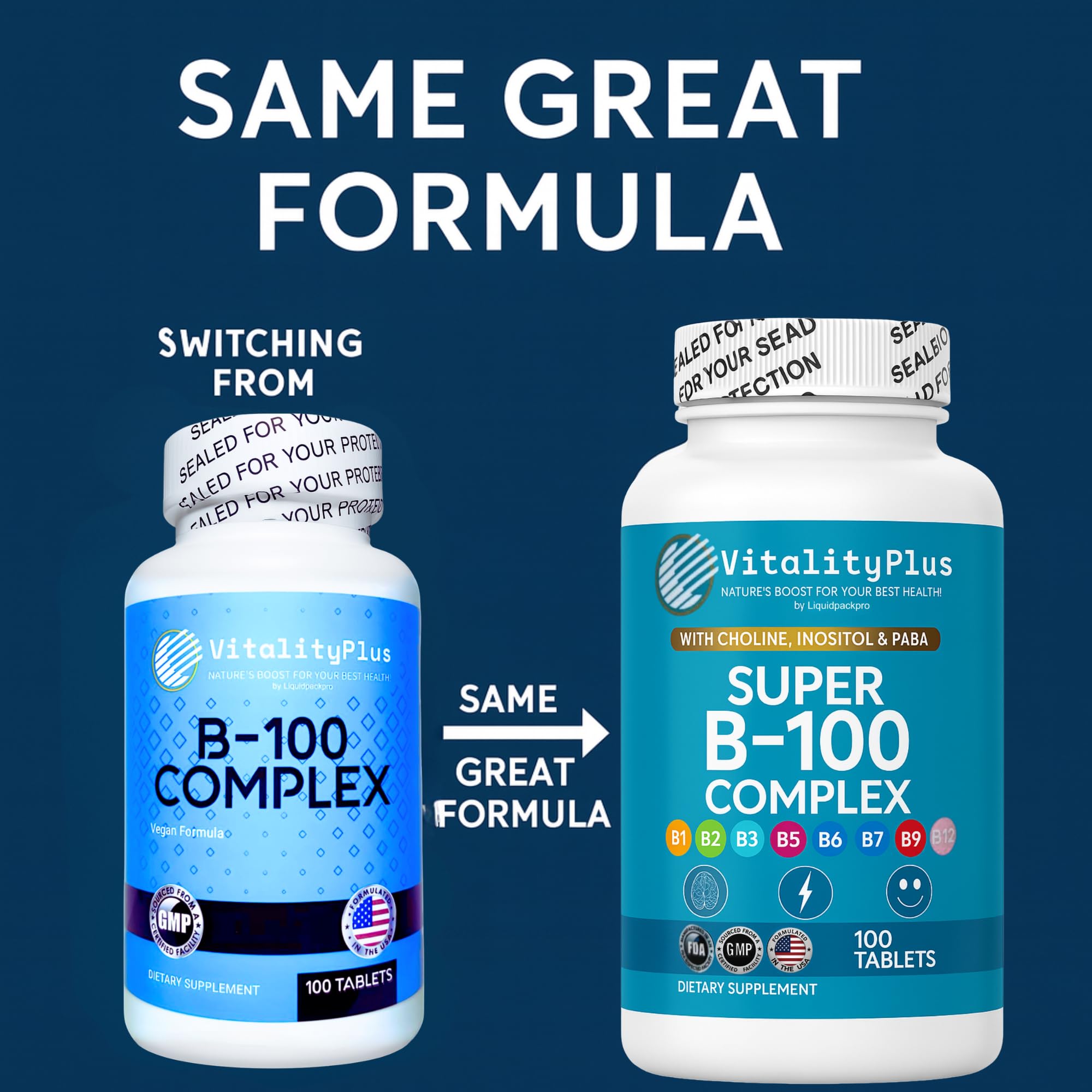 LIQUIDPACKPRO B-Complex Vitamin Supplement 100 Capsules on wooden table