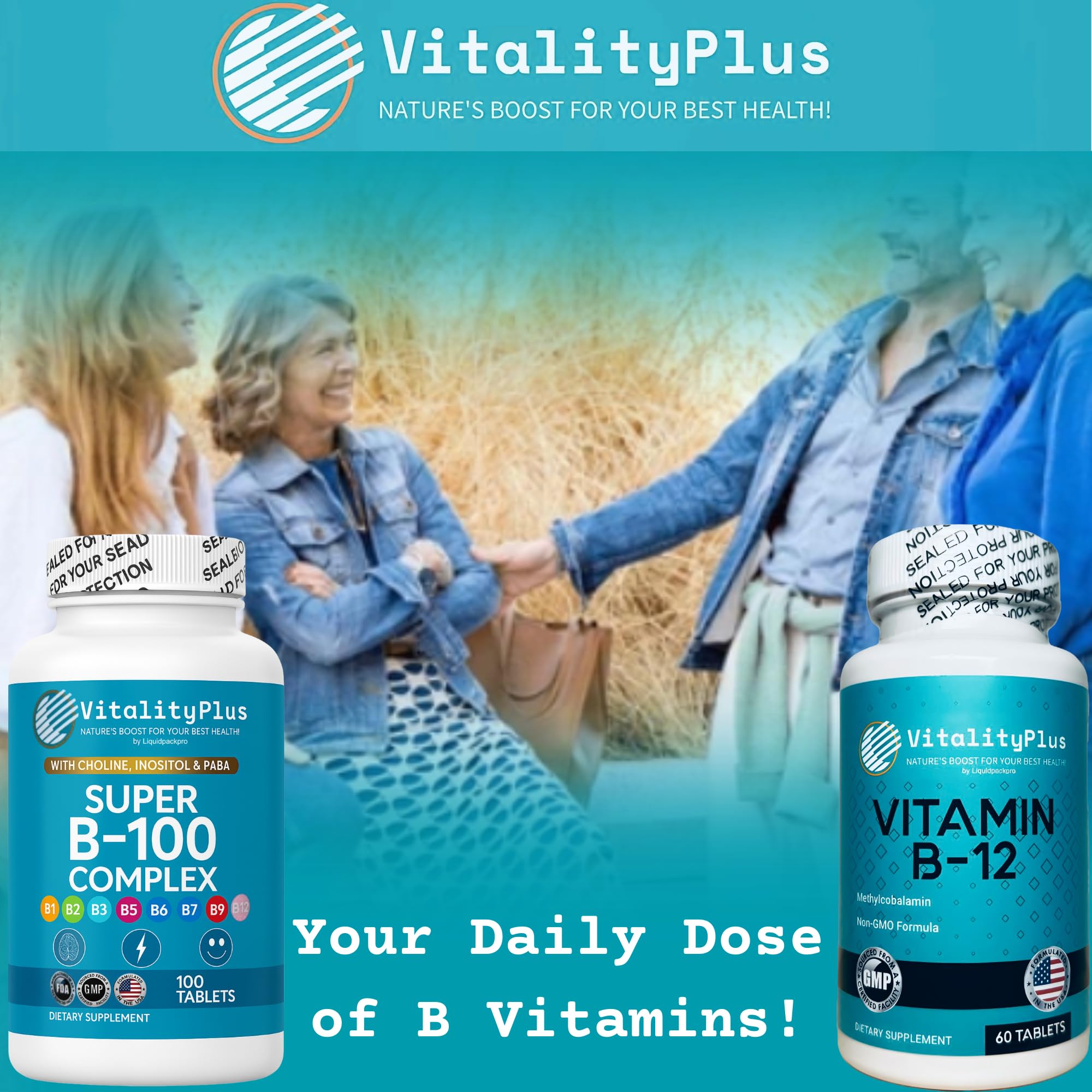 LIQUIDPACKPRO B-Complex Vitamin Supplement 100 Capsules with measuring spoon