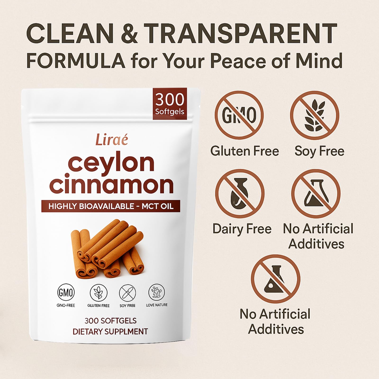 LIRAE Ceylon Cinnamon Softgels on a wooden table