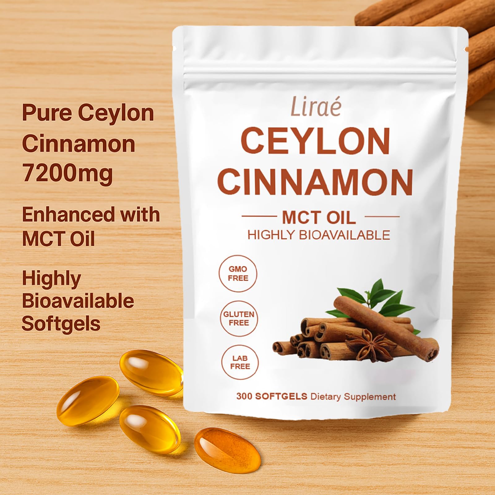 LIRAE Ceylon Cinnamon Softgels side view showing softgel