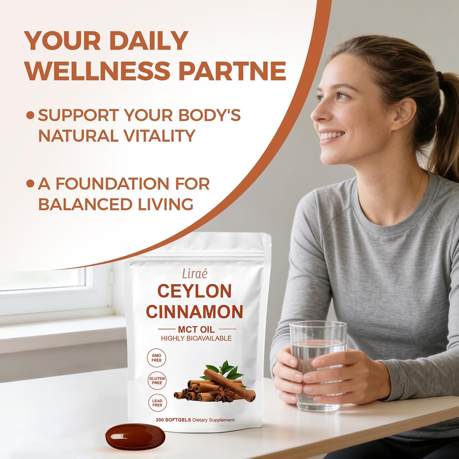LIRAE Ceylon Cinnamon Supplement displayed with a spoonful of cinnamon