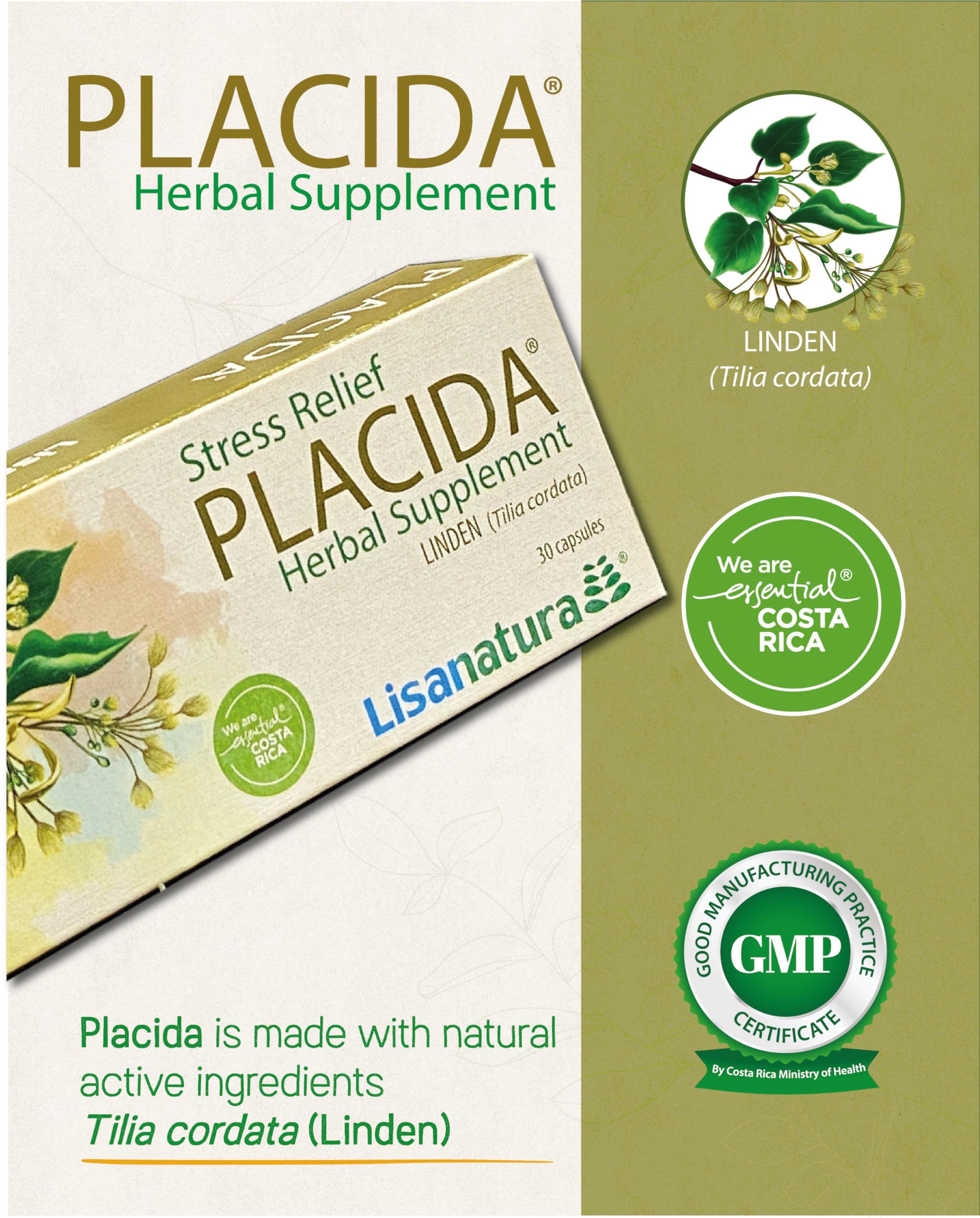 Lisanatura Placida Herbal Supplement packaging with ingredients list