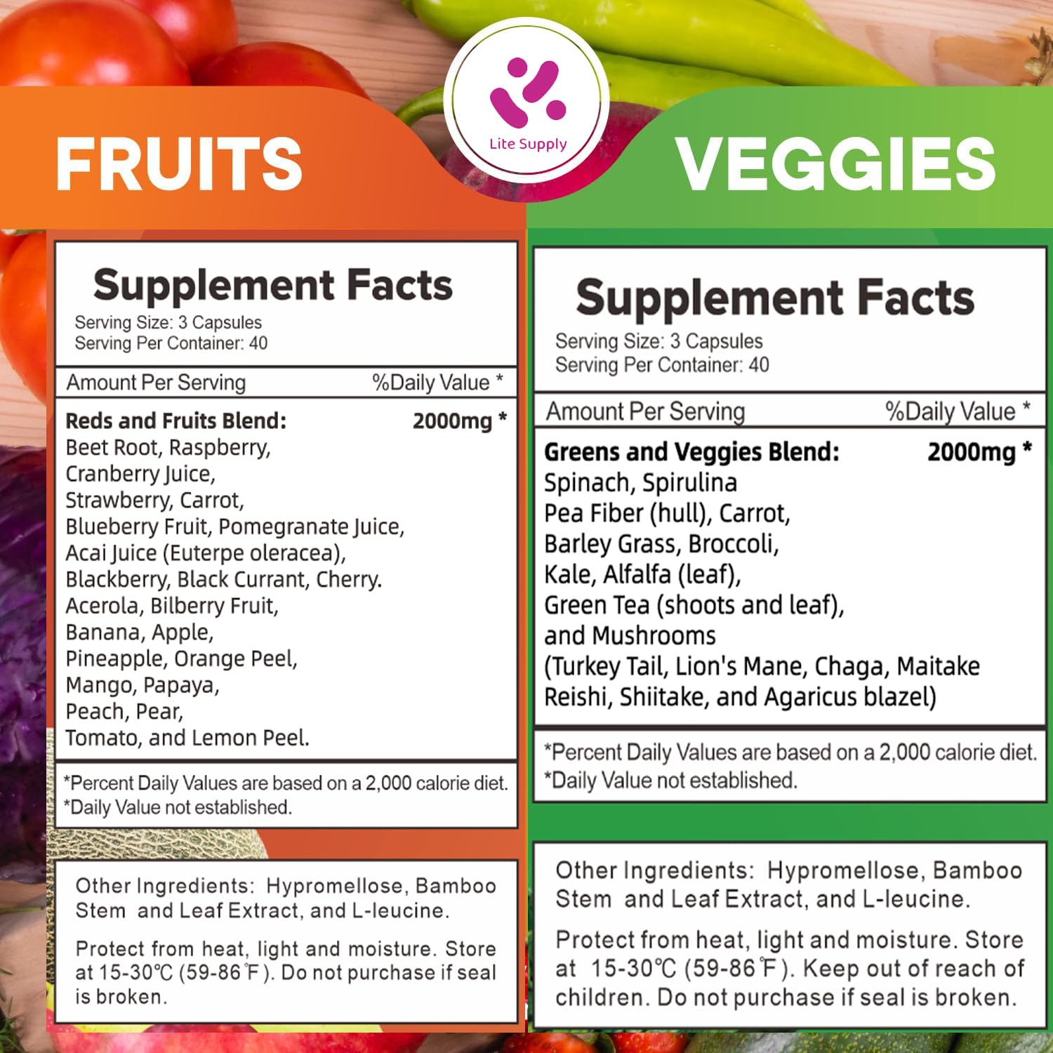 Lite Supply Fruits & Veggies Supplement capsules in a bowl