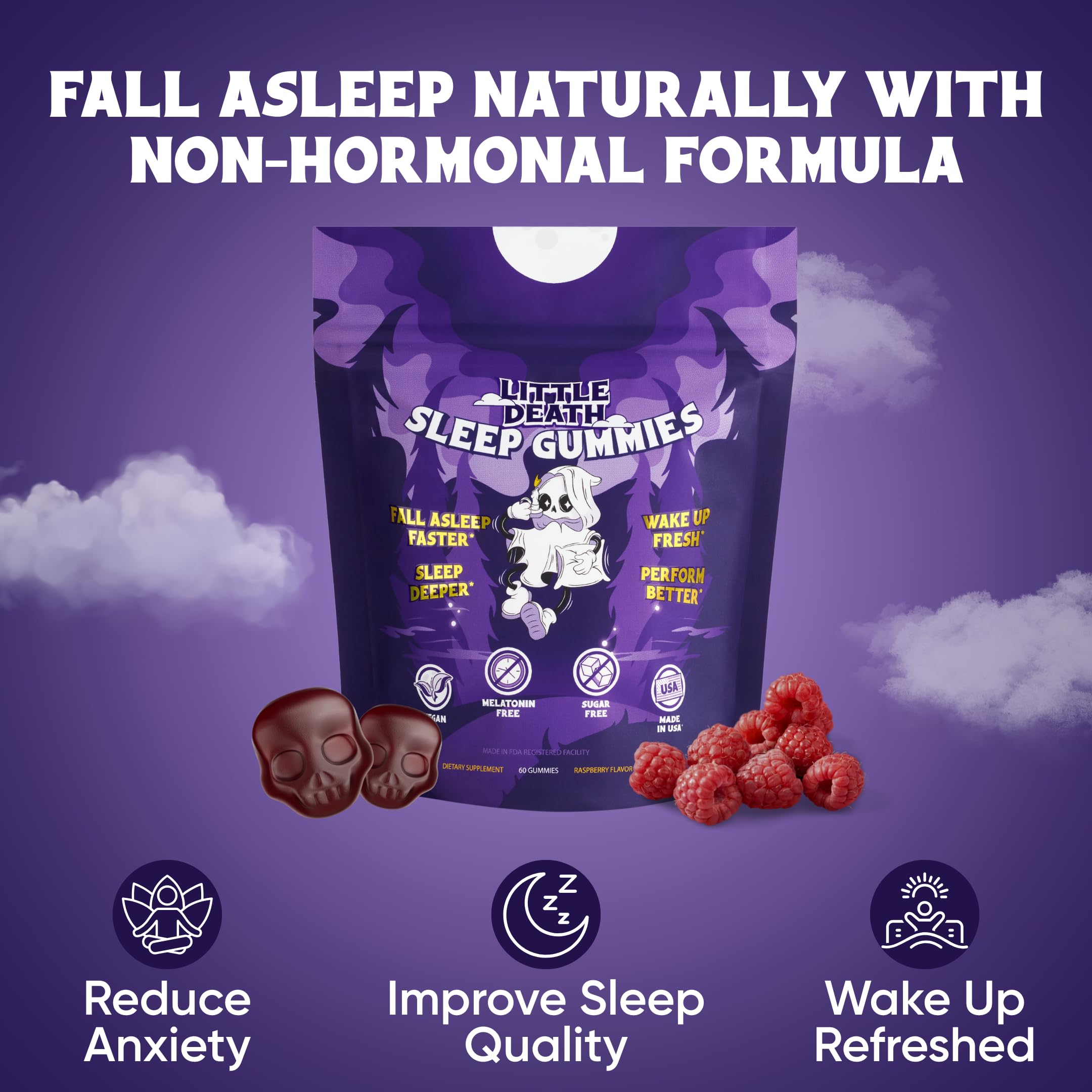 LITTLE DEATH Magnesium Sleep Gummies packaging with skull design