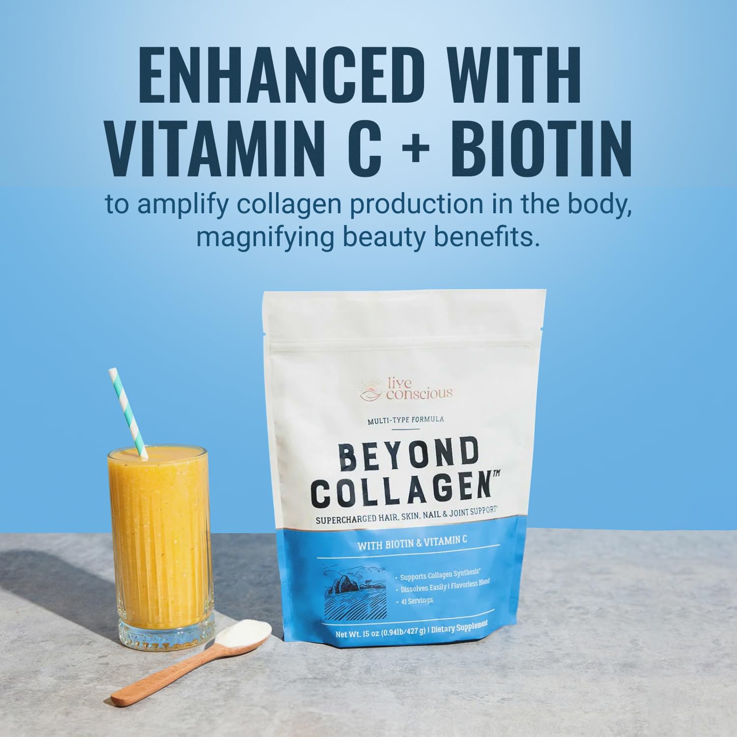 Live Conscious Beyond Collagen Powder lifestyle scene with a glass of water