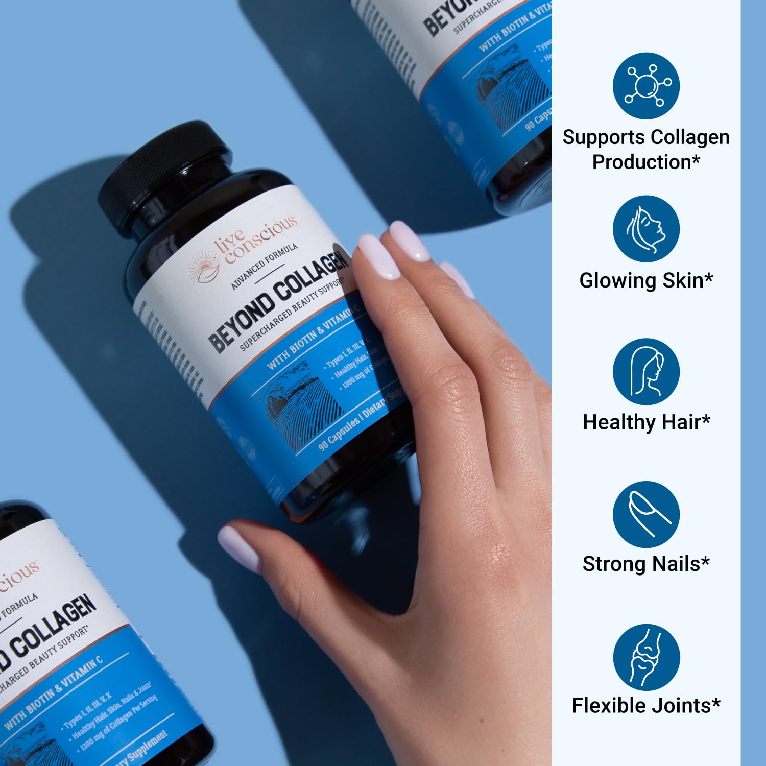 Live Conscious Beyond Collagen Supplement capsules in a hand