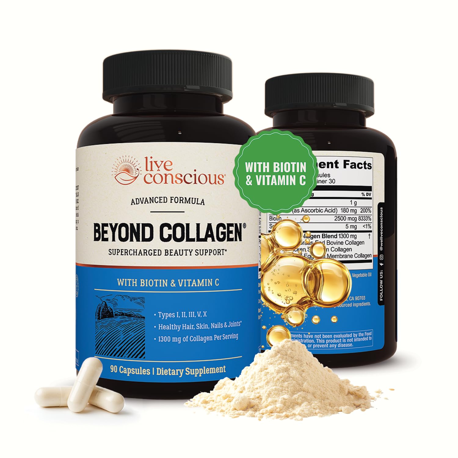Live Conscious Beyond Collagen Supplement front view with capsule bottle