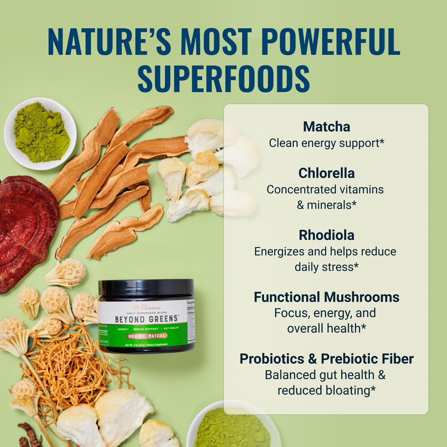 Live Conscious Beyond Greens powder in a bowl