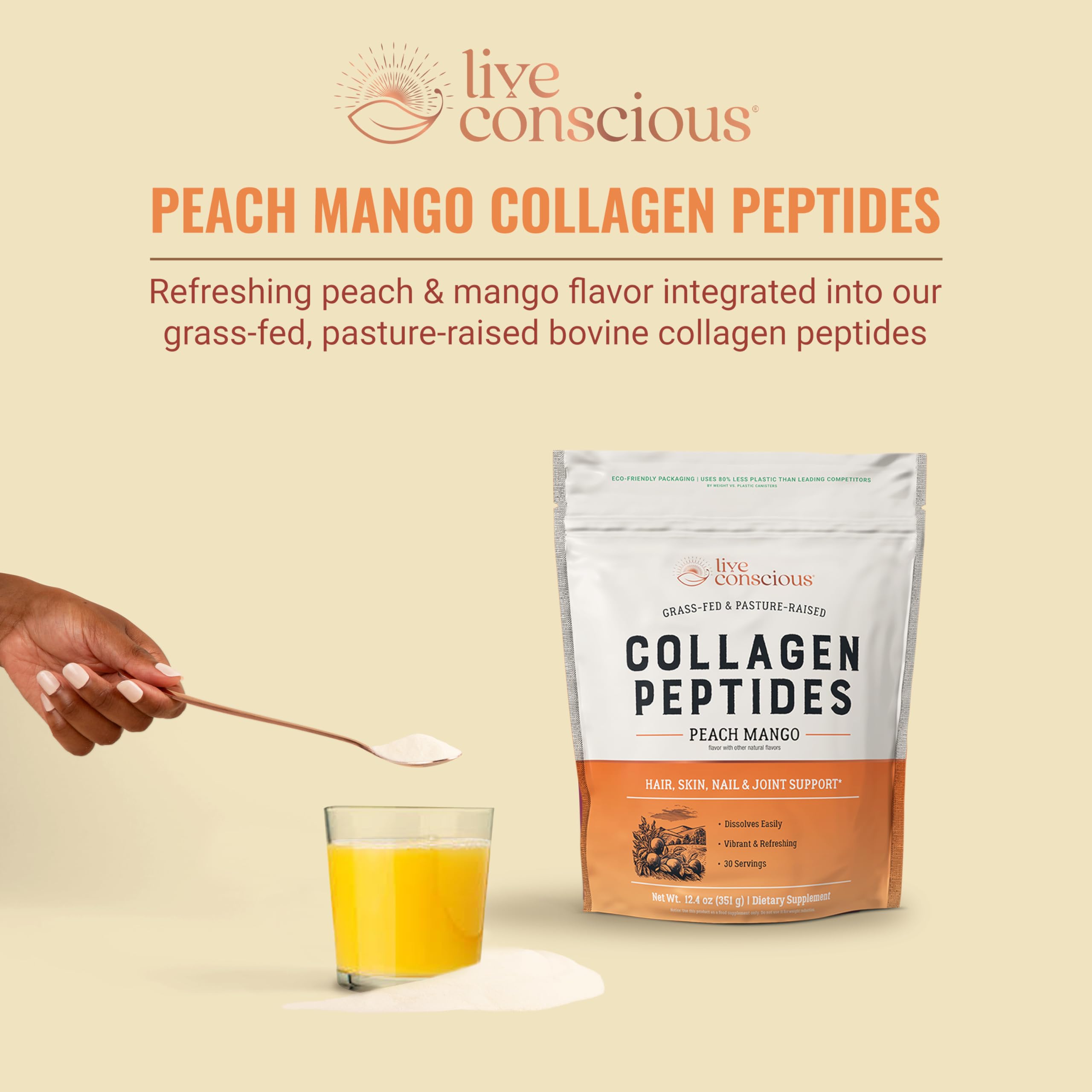 Live Conscious Collagen Peptides Chocolate 352g scoop and powder