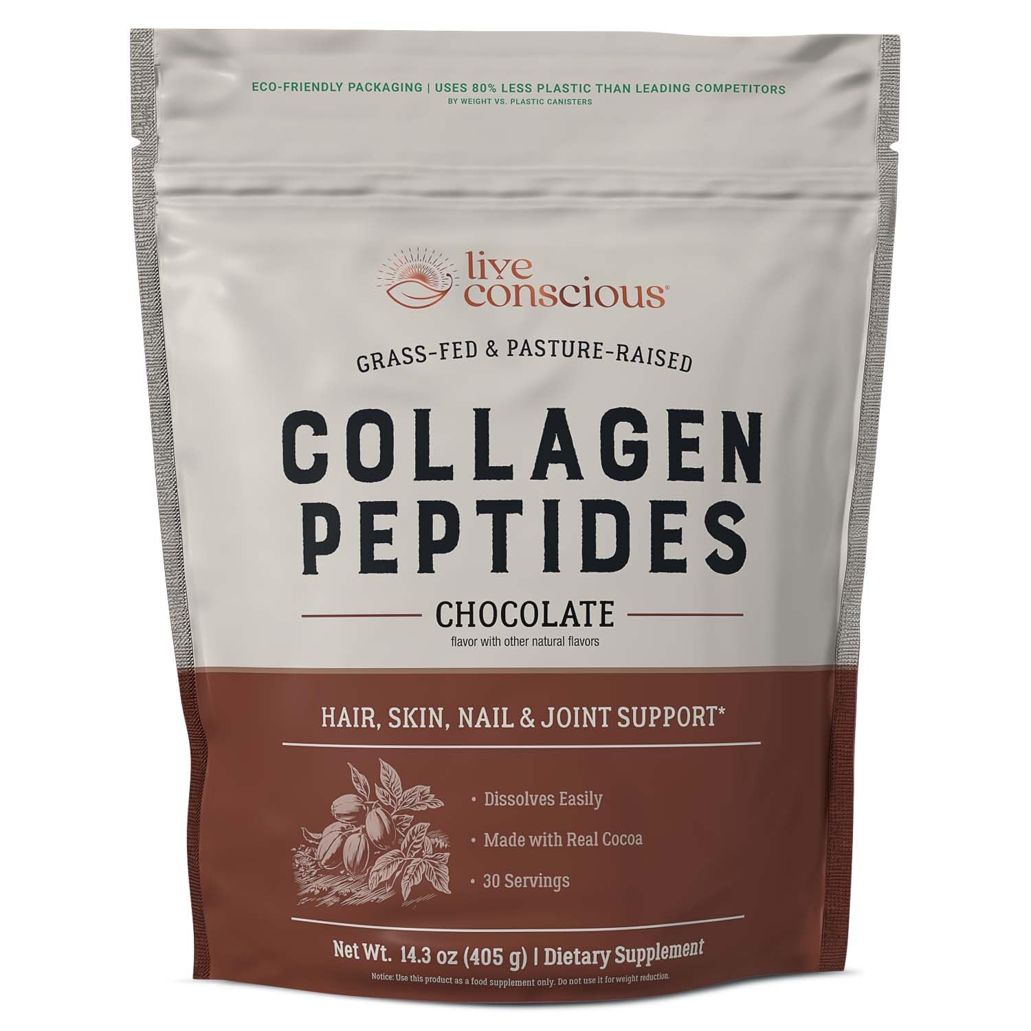 Live Conscious Collagen Peptides Chocolate 425g close-up of powder