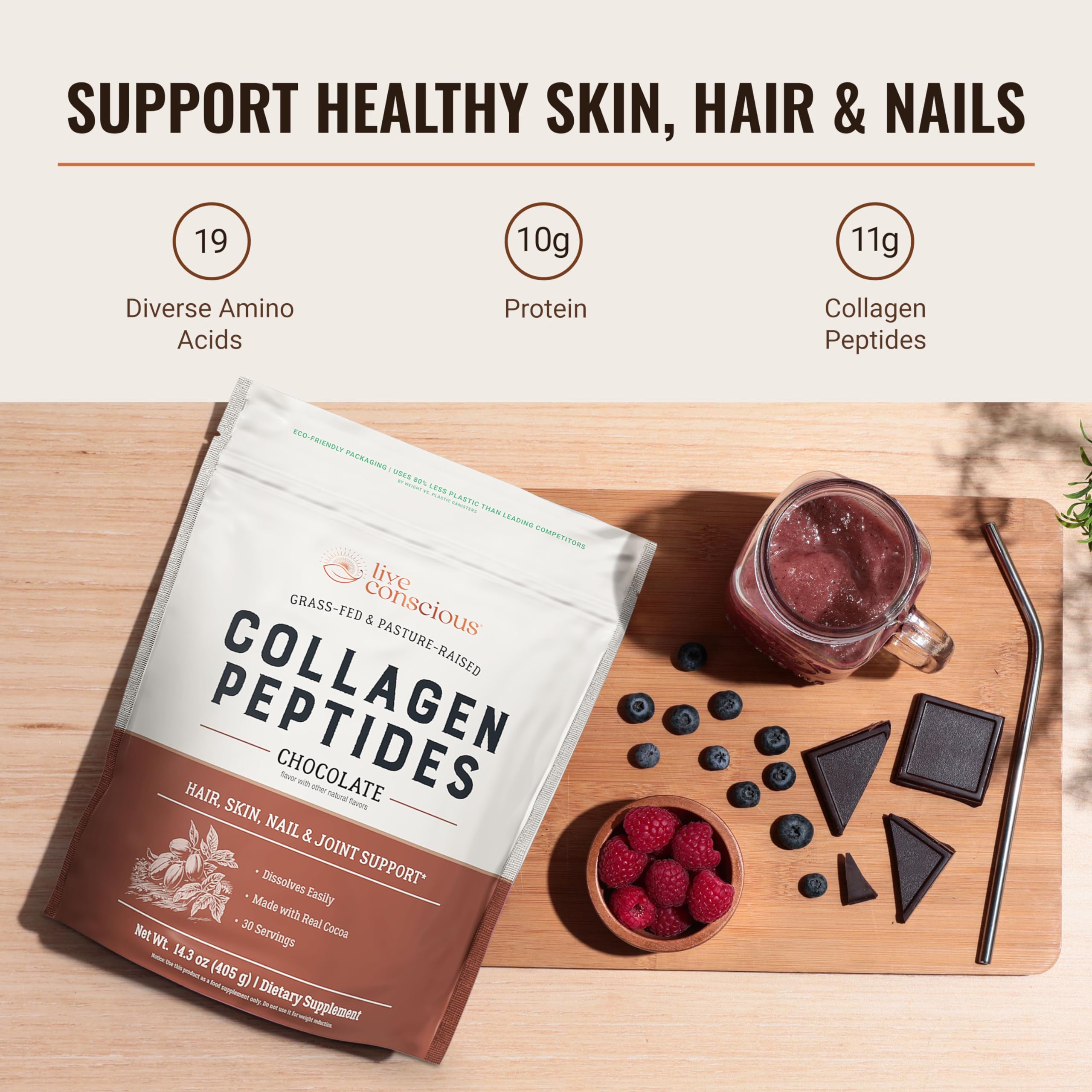 Live Conscious Collagen Peptides Chocolate 425g packaging