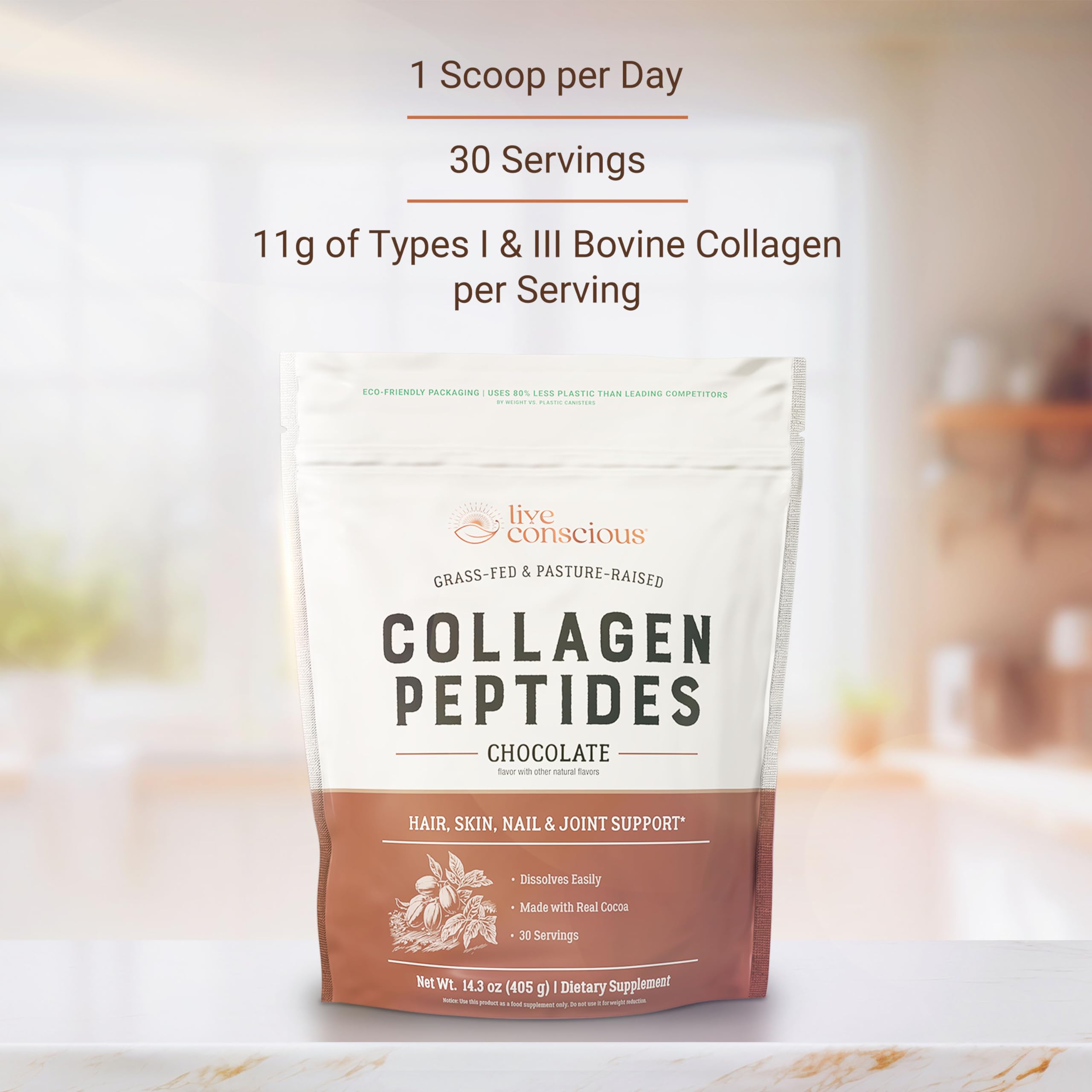 Live Conscious Collagen Peptides Chocolate 425g scoop size