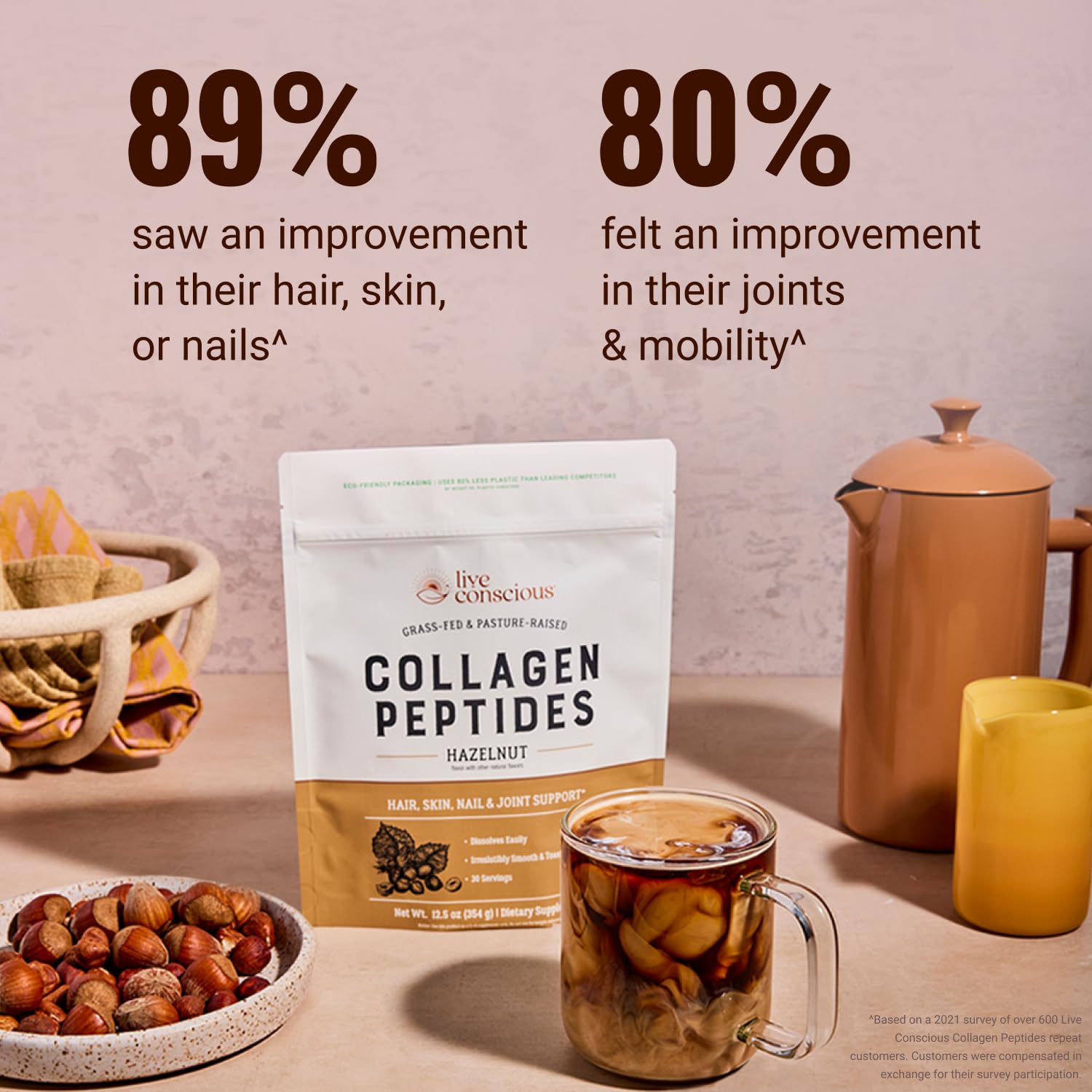 Live Conscious Collagen Peptides Chocolate scoop and powder