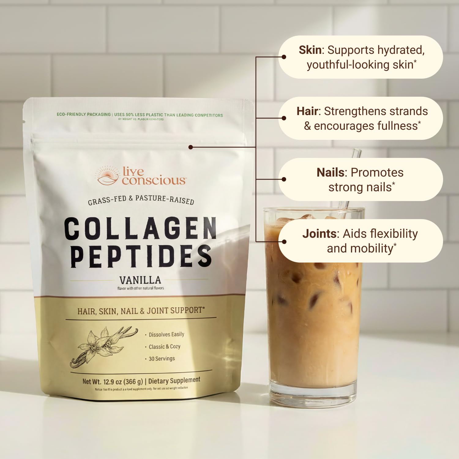 Live Conscious Collagen Peptides Vanilla packaging side view