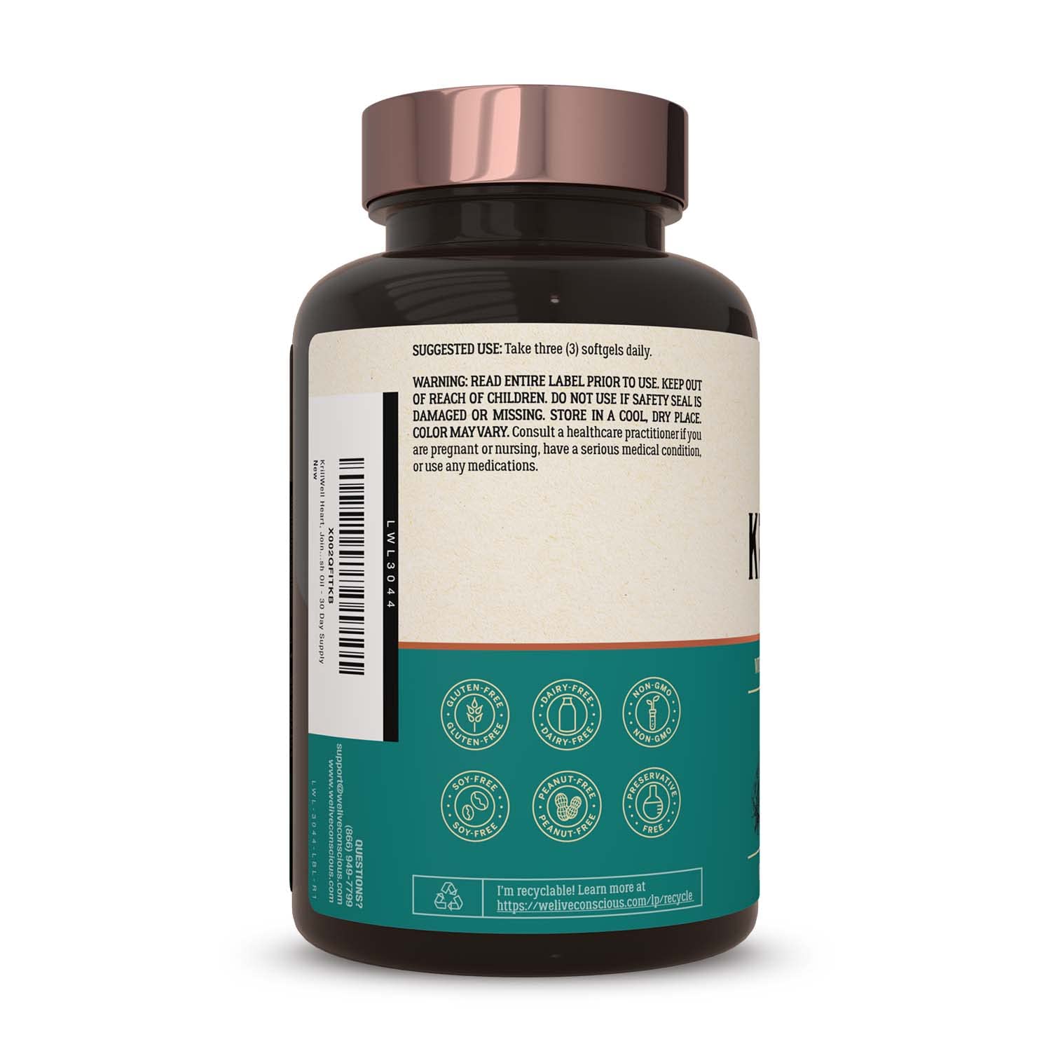 Live Conscious KrillWell Omega 3 Krill Oil 1500mg side view