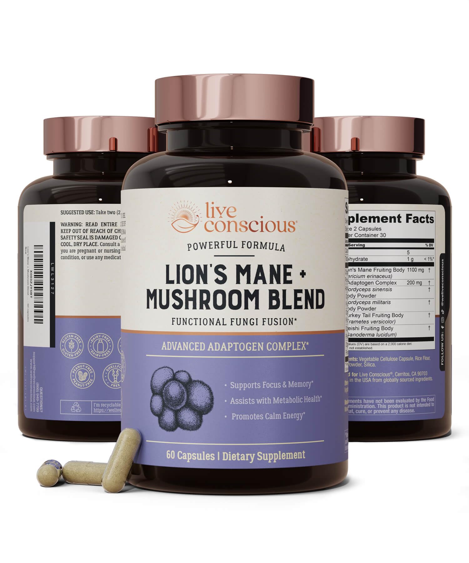 Live Conscious Lion's Mane Mushroom Supplement front view