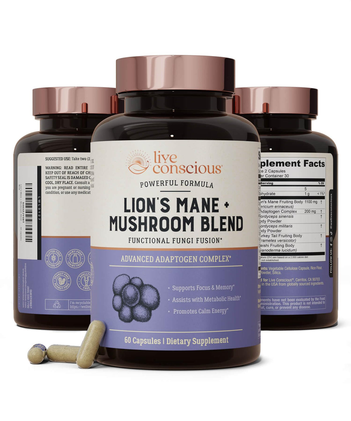 Live Conscious Lion's Mane Mushroom Supplement front view