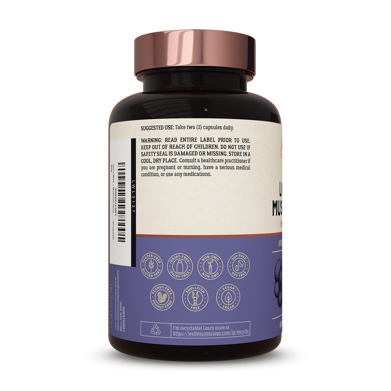 Live Conscious Lion's Mane Mushroom Supplement with other herbal supplements