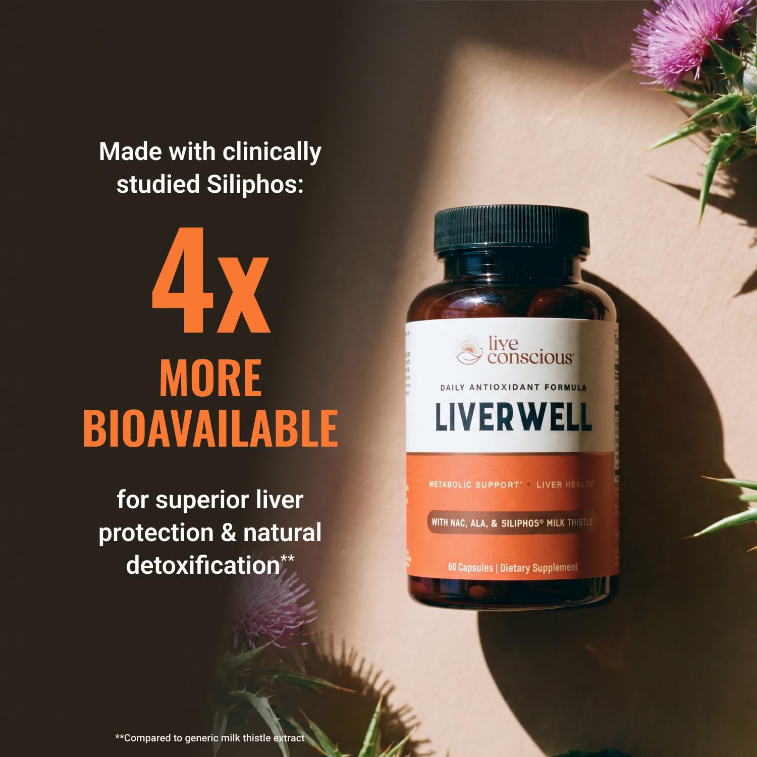 Live Conscious LiverWell Milk Thistle capsules on a table