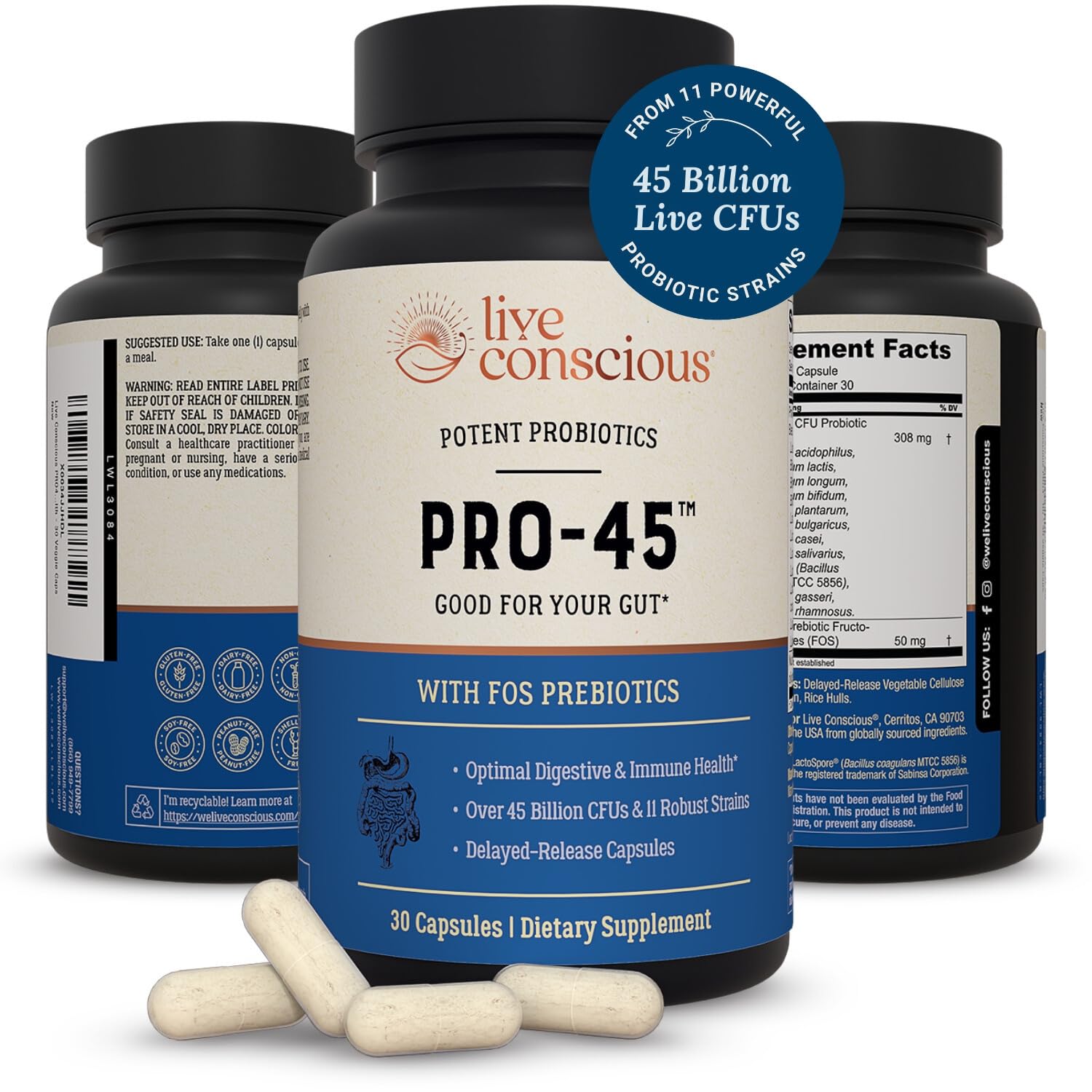 Live Conscious Pro-45 Probiotic Capsules front view