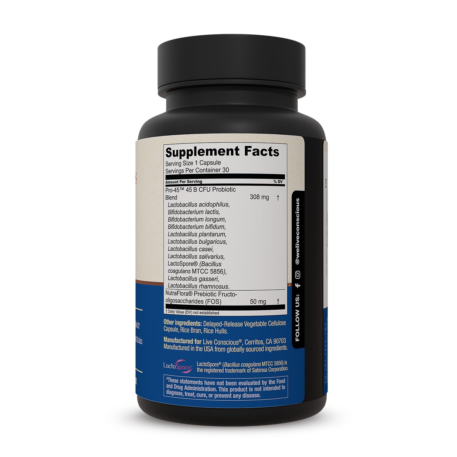 Live Conscious Pro-45 Probiotic Capsules on a kitchen counter