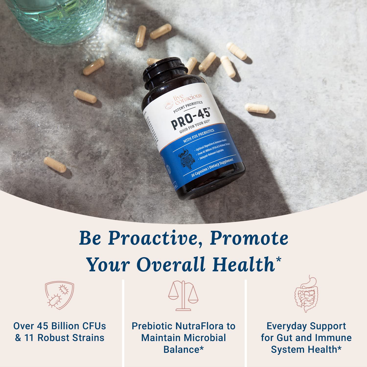 Live Conscious Pro-45 Probiotic Capsules side view