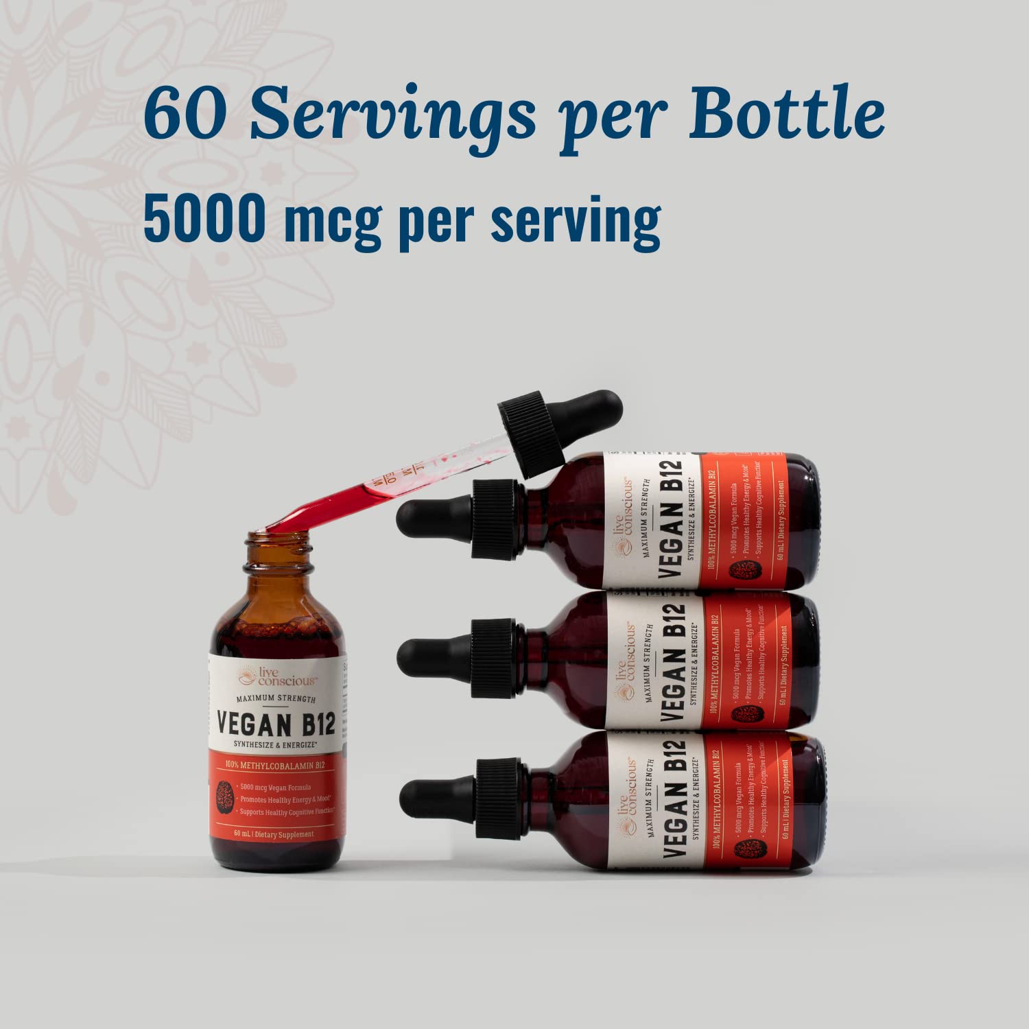 Live Conscious Vegan B12 5000 Mcg dropper for easy use