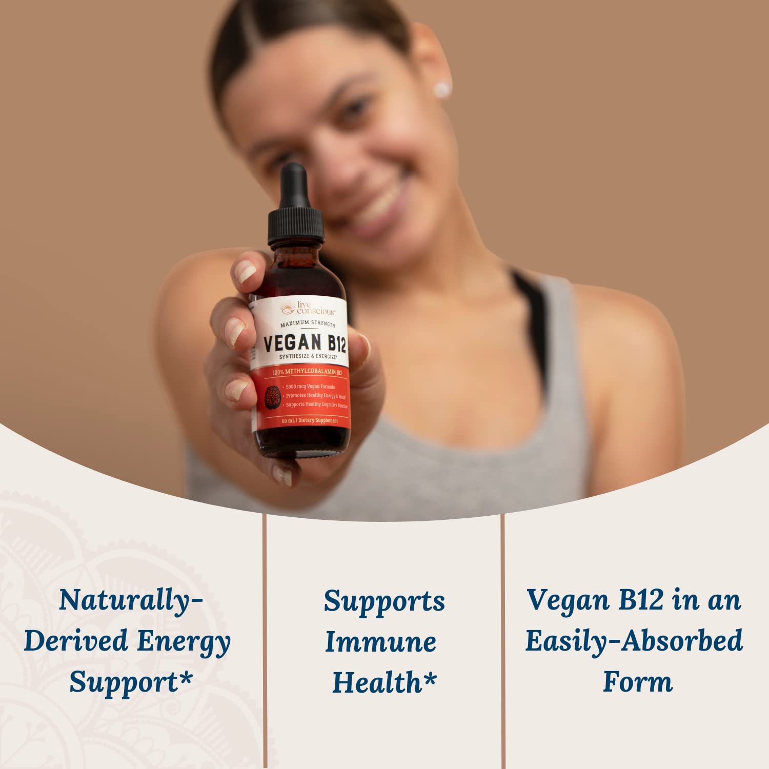 Live Conscious Vegan B12 5000 Mcg supplement bottle side view