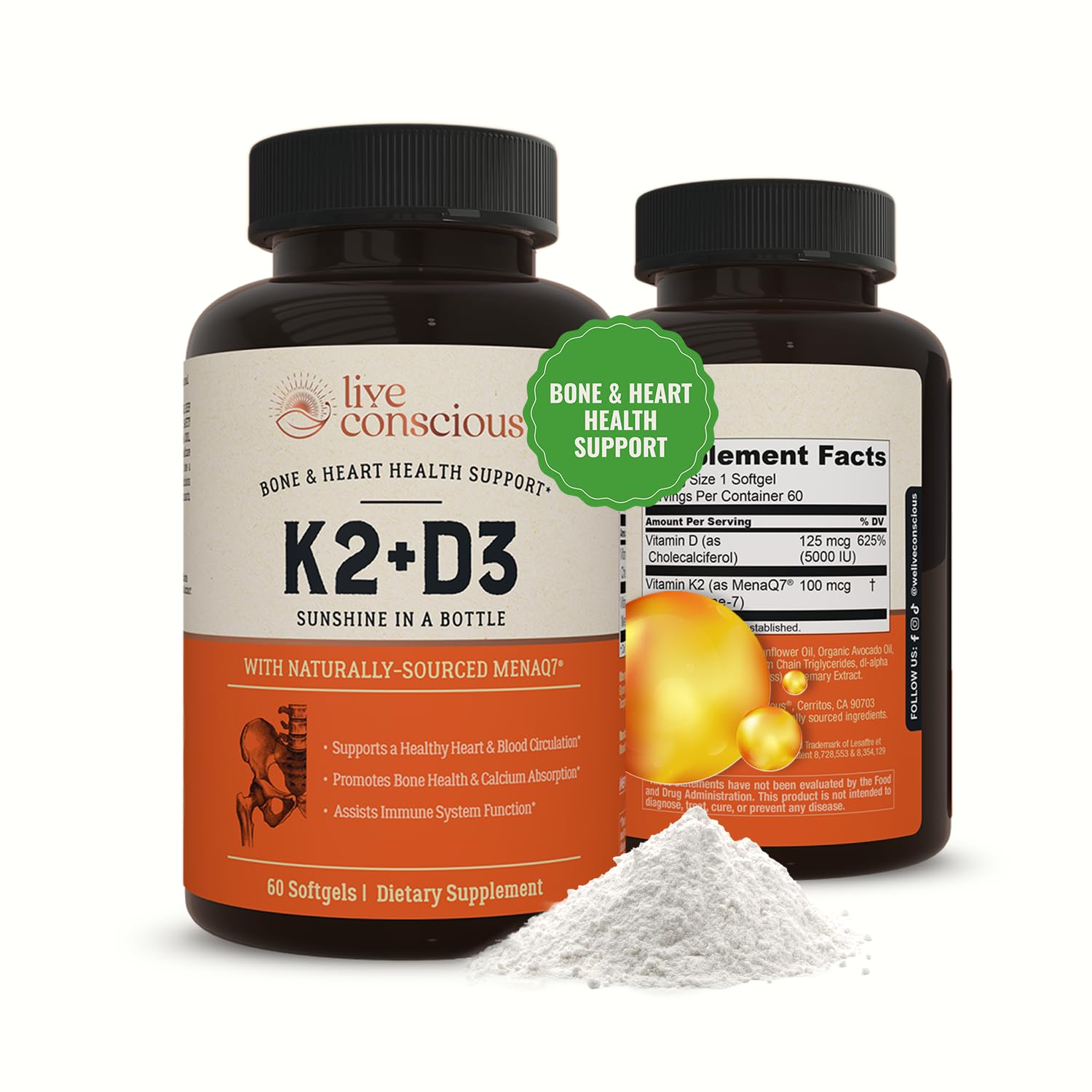 Live Conscious Vitamin D3 & K2 Capsules front view