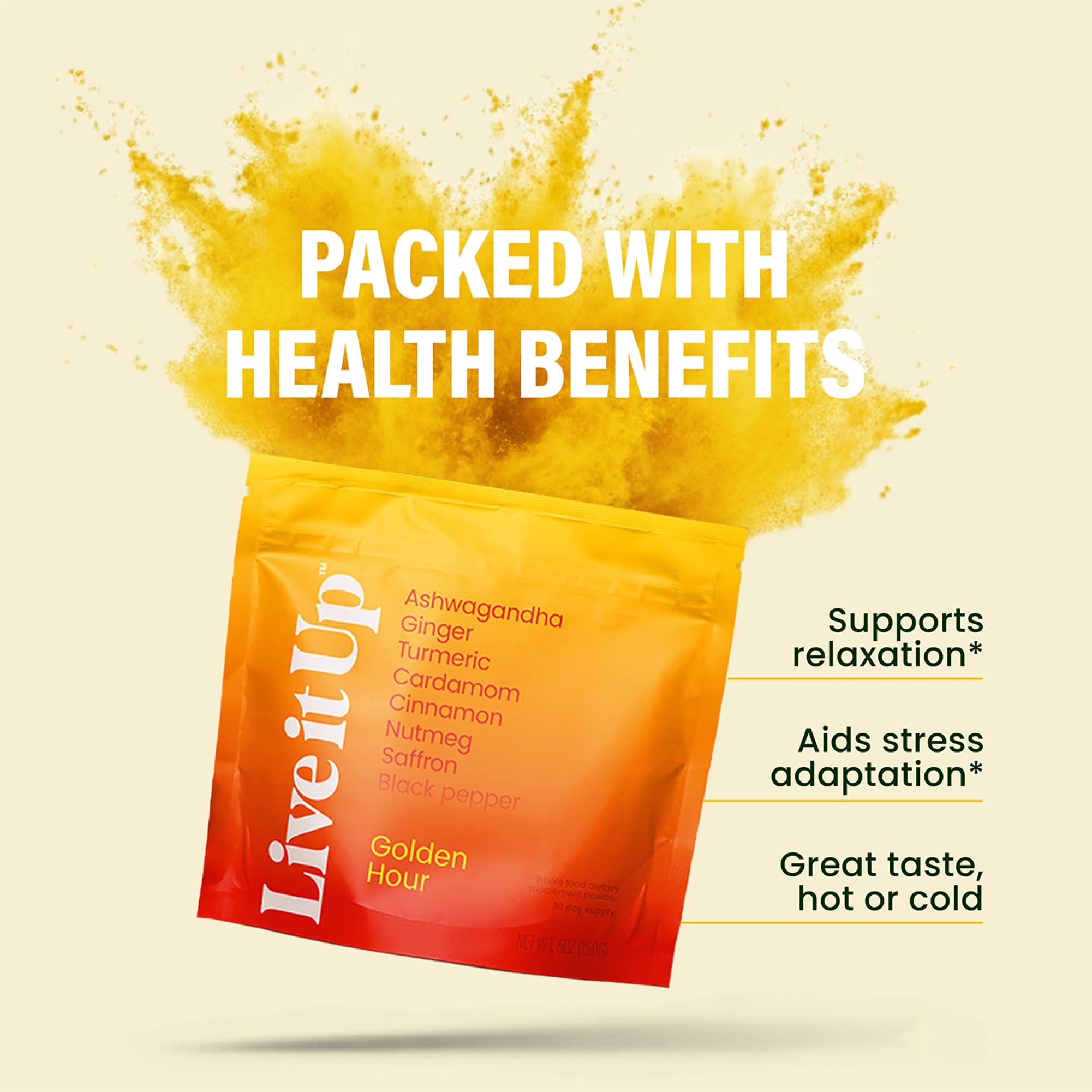 LIVE IT UP Golden Hour daily wellness Milk Latte Powder scoop