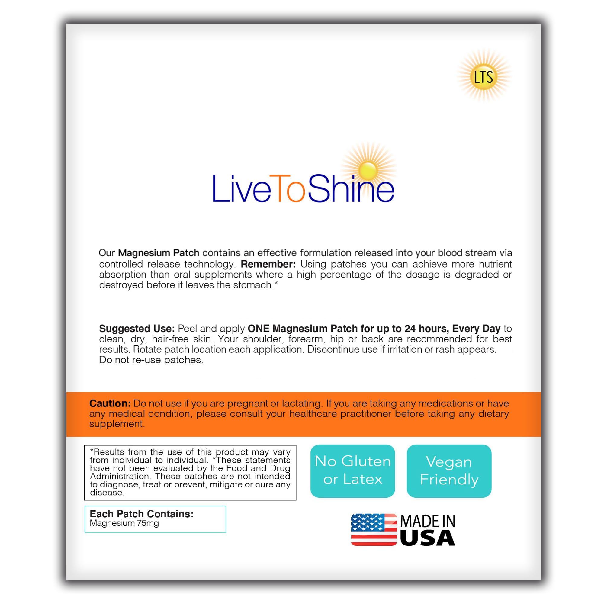 Live To Shine Magnesium Chloride Patches showing application instructions