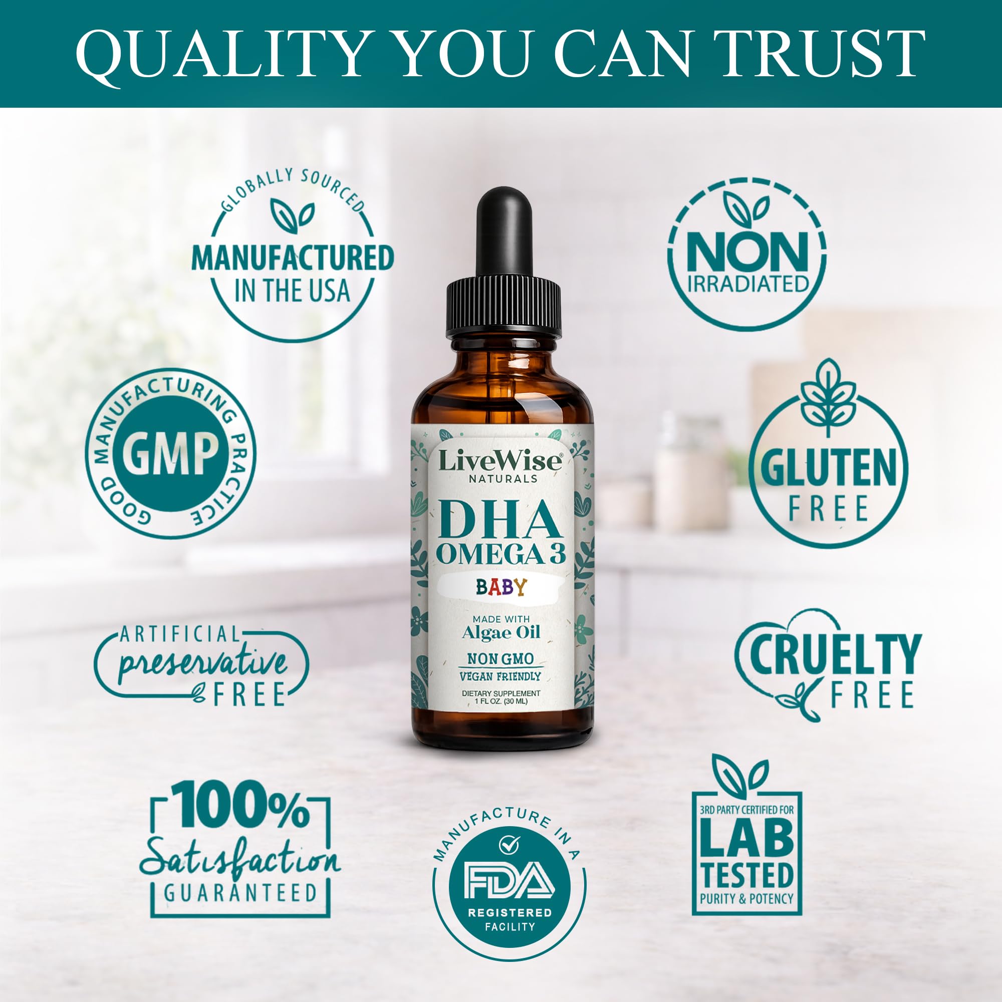 Live Wise Naturals DHA Omega-3 Liquid on a kitchen counter