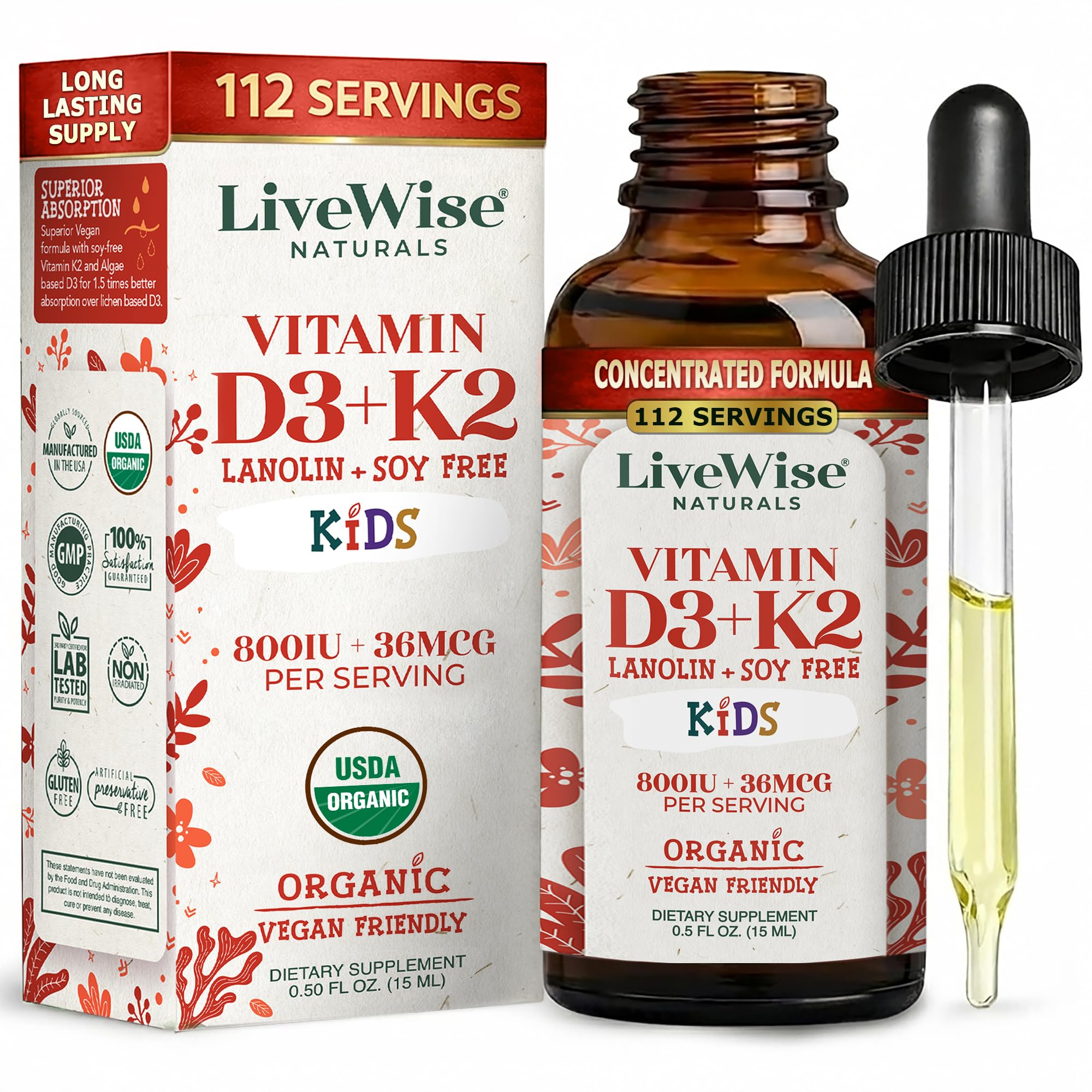 Live Wise Naturals Kids Vitamin D3 K2 Liquid Drops 800 IU amber bottle front view