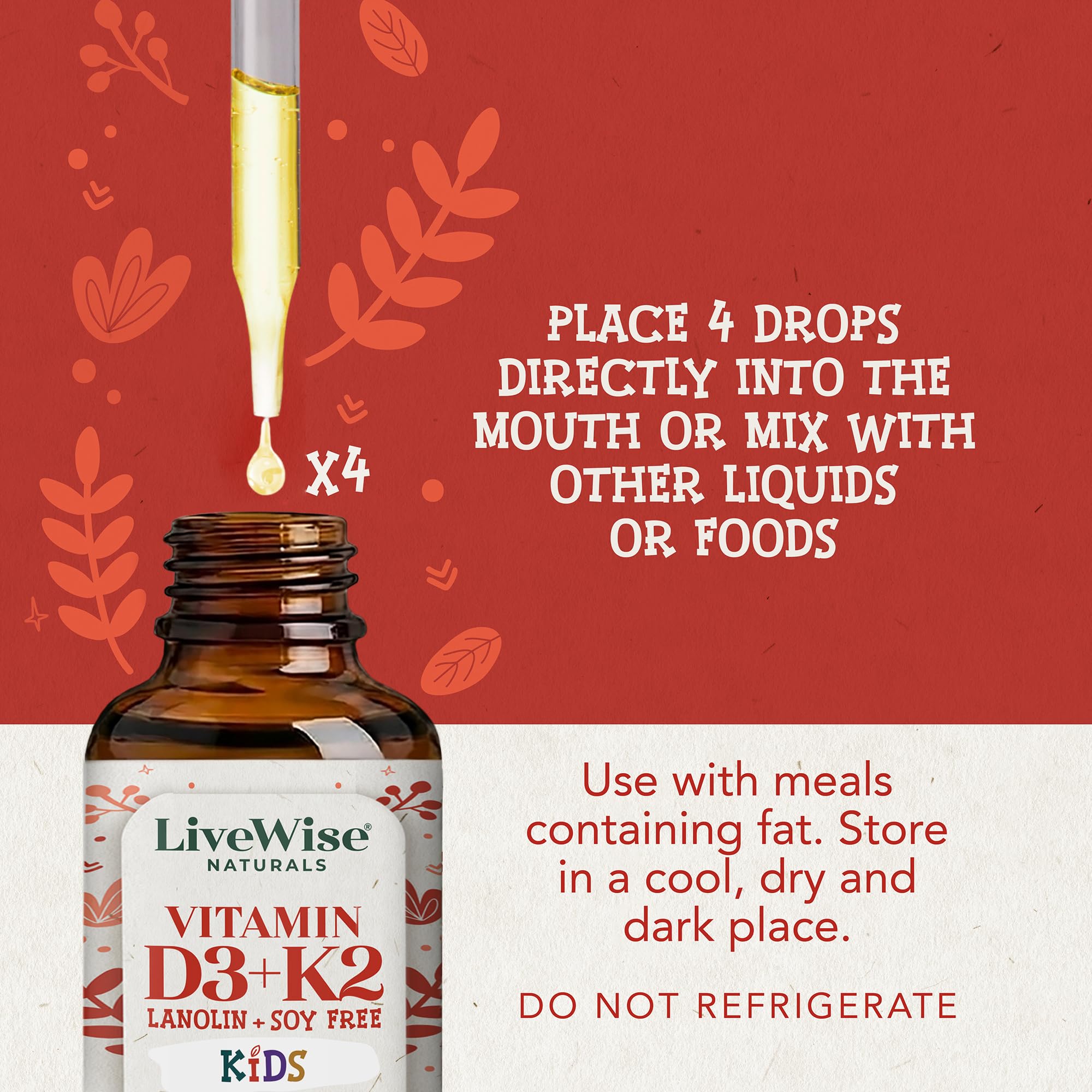 Live Wise Naturals Kids Vitamin D3 K2 Liquid Drops 800 IU bottle with measuring drops