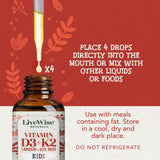 Live Wise Naturals Kids Vitamin D3 K2 Liquid Drops 800 IU bottle with measuring drops
