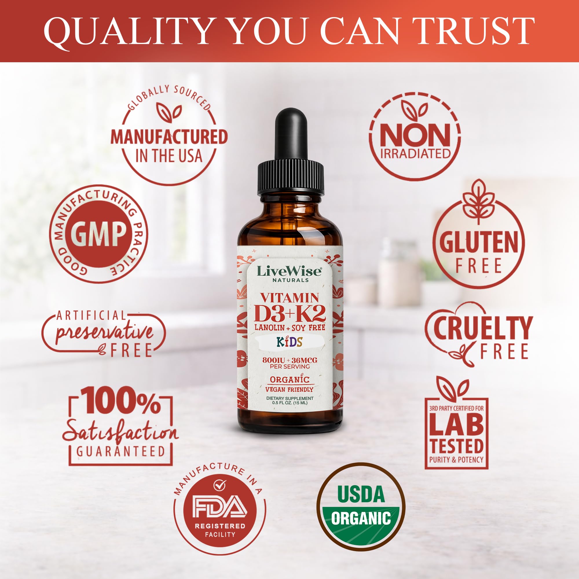 Live Wise Naturals Kids Vitamin D3 K2 Liquid Drops 800 IU bottle with spoon