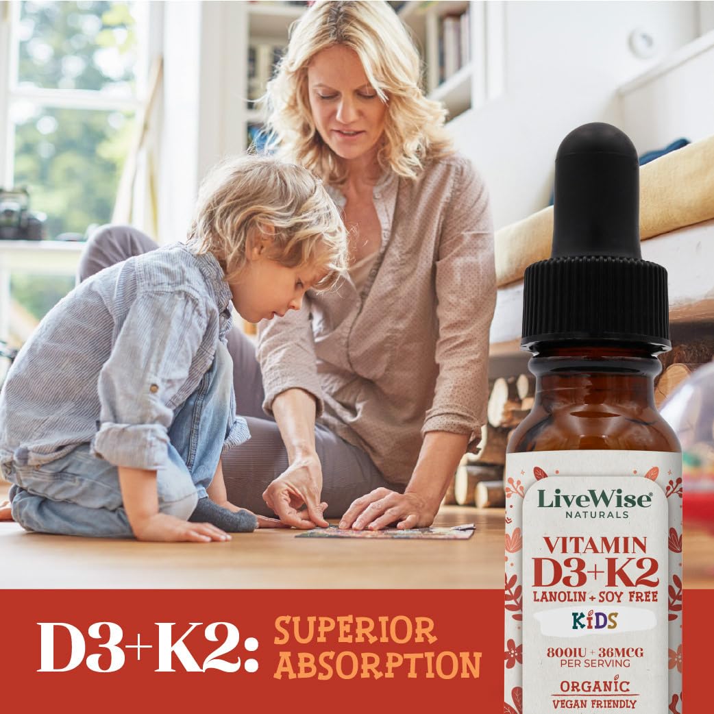 Live Wise Naturals Kids Vitamin D3 K2 Liquid Drops 800 IU bottle with children's food