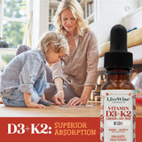 Live Wise Naturals Kids Vitamin D3 K2 Liquid Drops 800 IU bottle with children's food