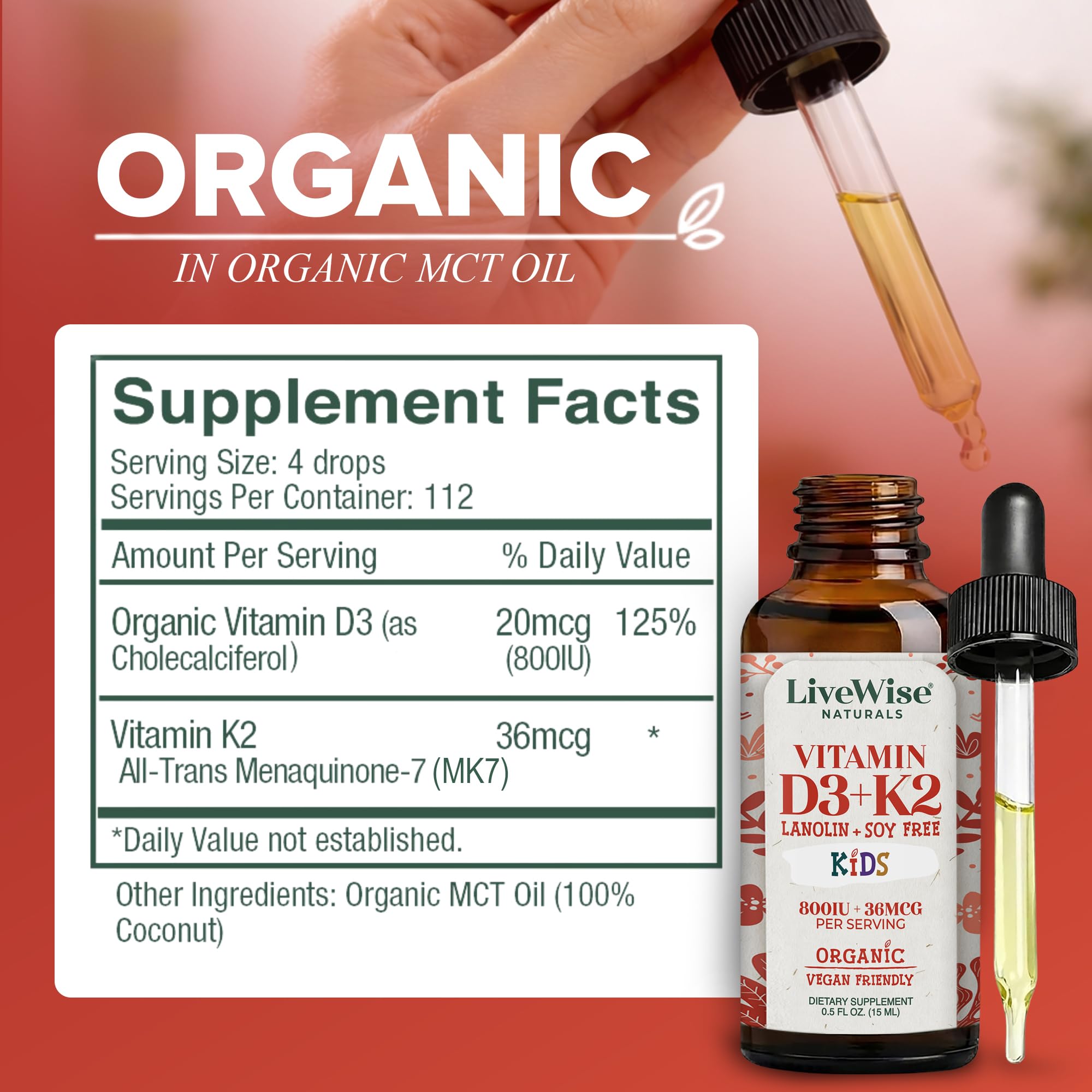 Live Wise Naturals Kids Vitamin D3 K2 Liquid Drops 800 IU dropper close-up